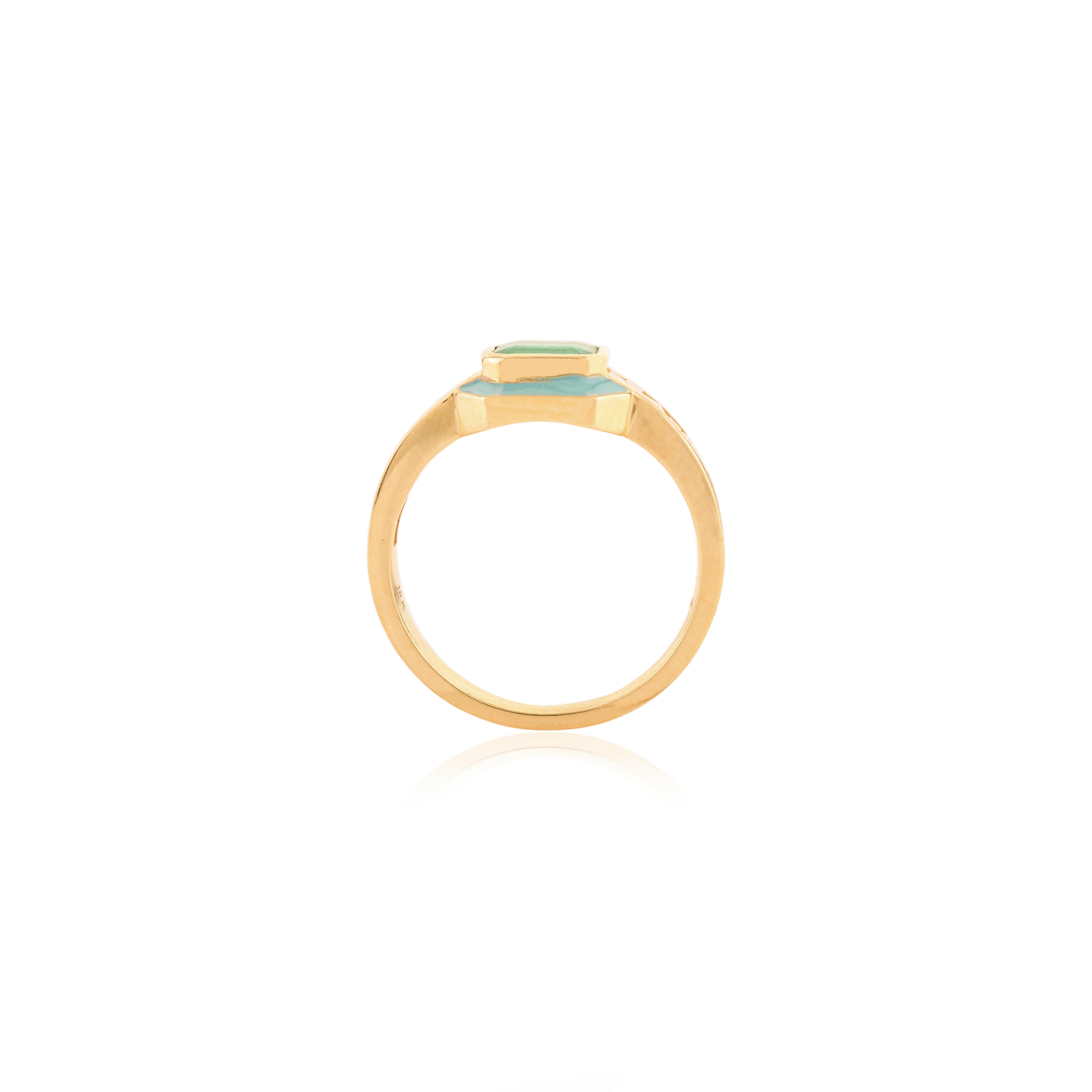 For Sale:  Art Deco Style Natural Emerald Diamond Halo Ring with Enamel in 18k Yellow Gold 8