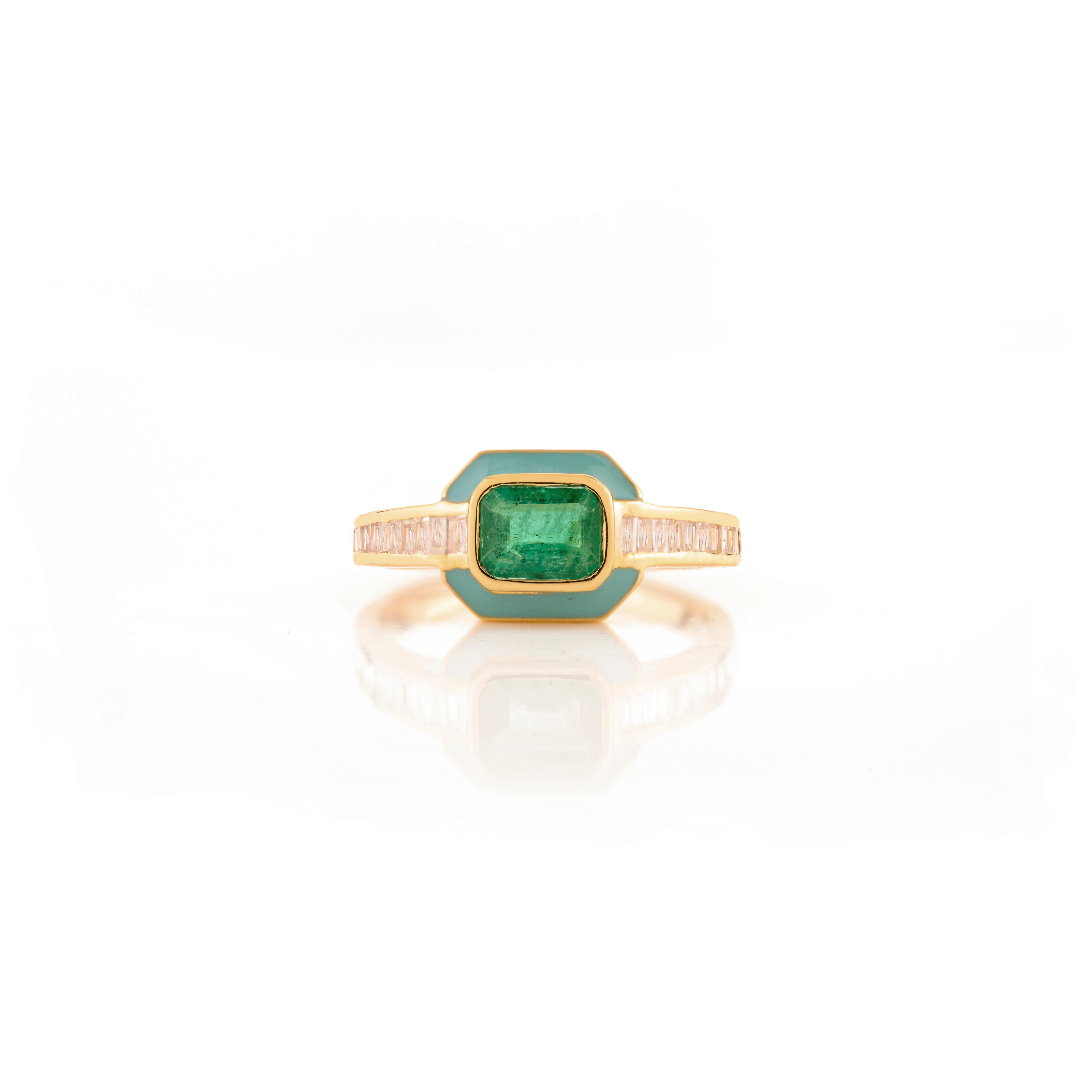 For Sale:  Art Deco Style Natural Emerald Diamond Halo Ring with Enamel in 18k Yellow Gold 9