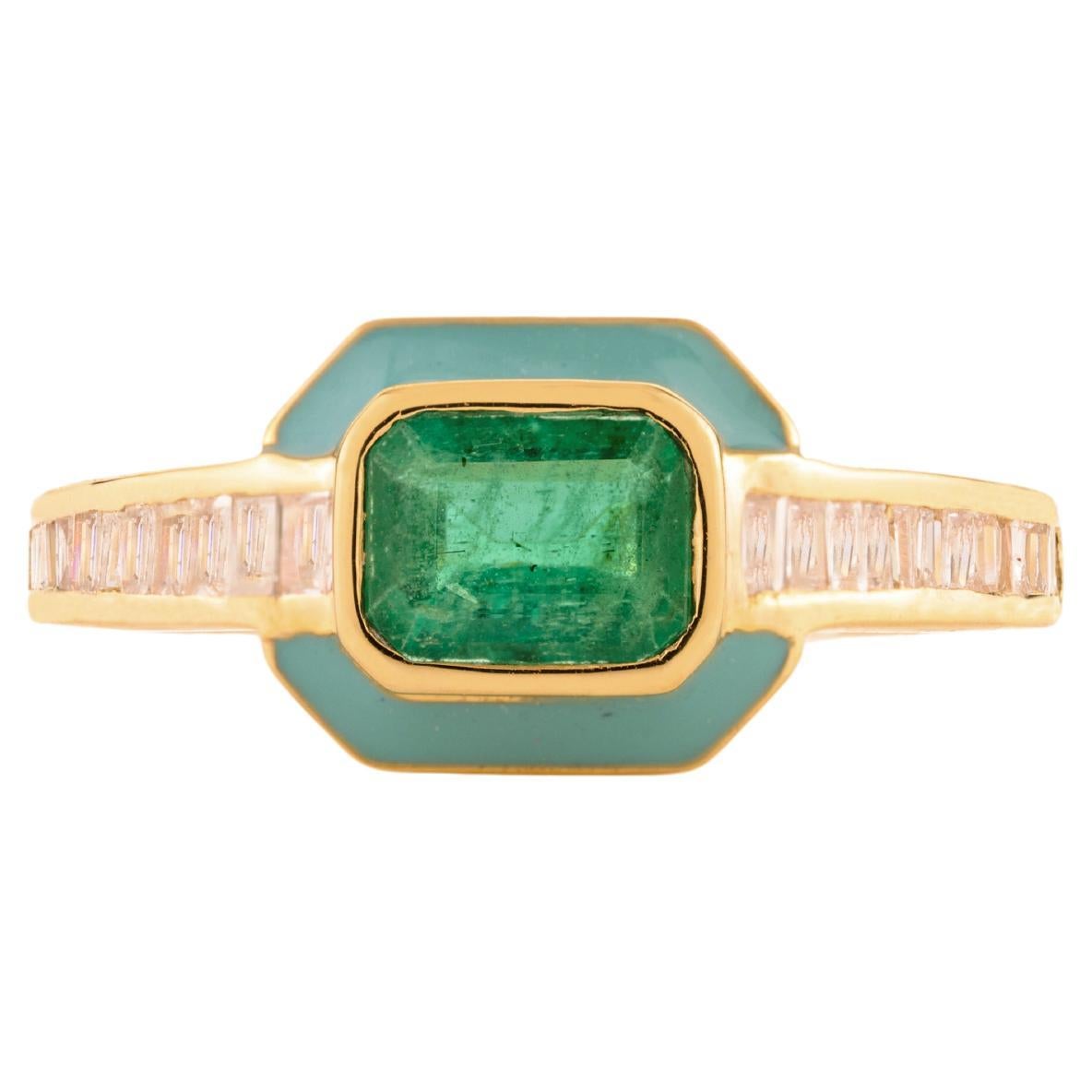 For Sale:  Art Deco Style Natural Emerald Diamond Halo Ring with Enamel in 18k Yellow Gold