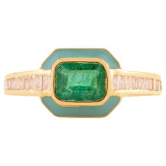 Art Deco Stil Natürlicher Smaragd-Diamant-Halo-Ring mit Emaille aus 18 Karat Gelbgold