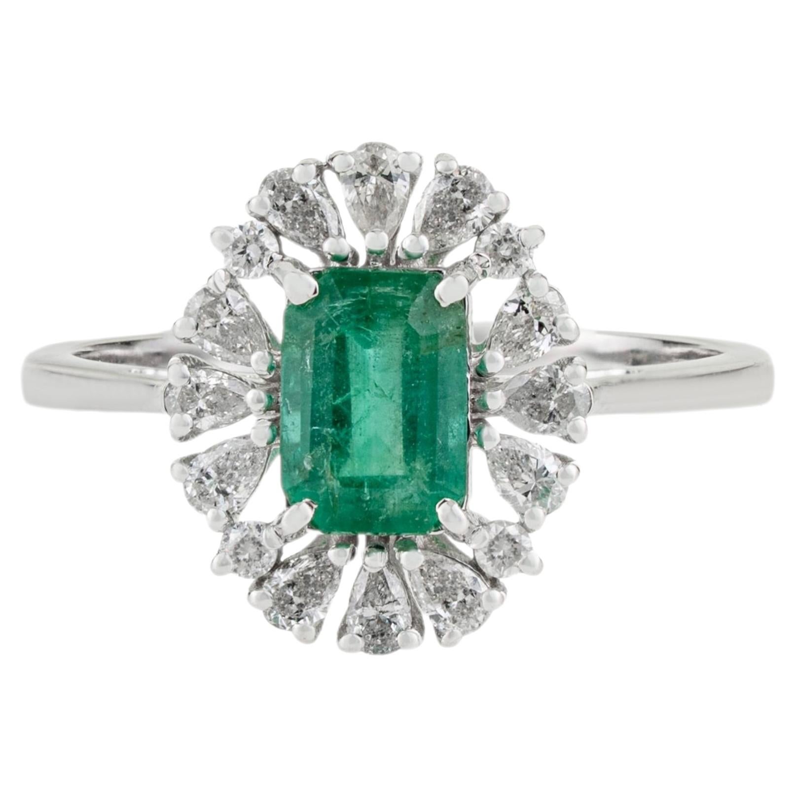 Art Deco Style Natural Emerald Pear Diamond Halo Engagement Ring 14K White Gold