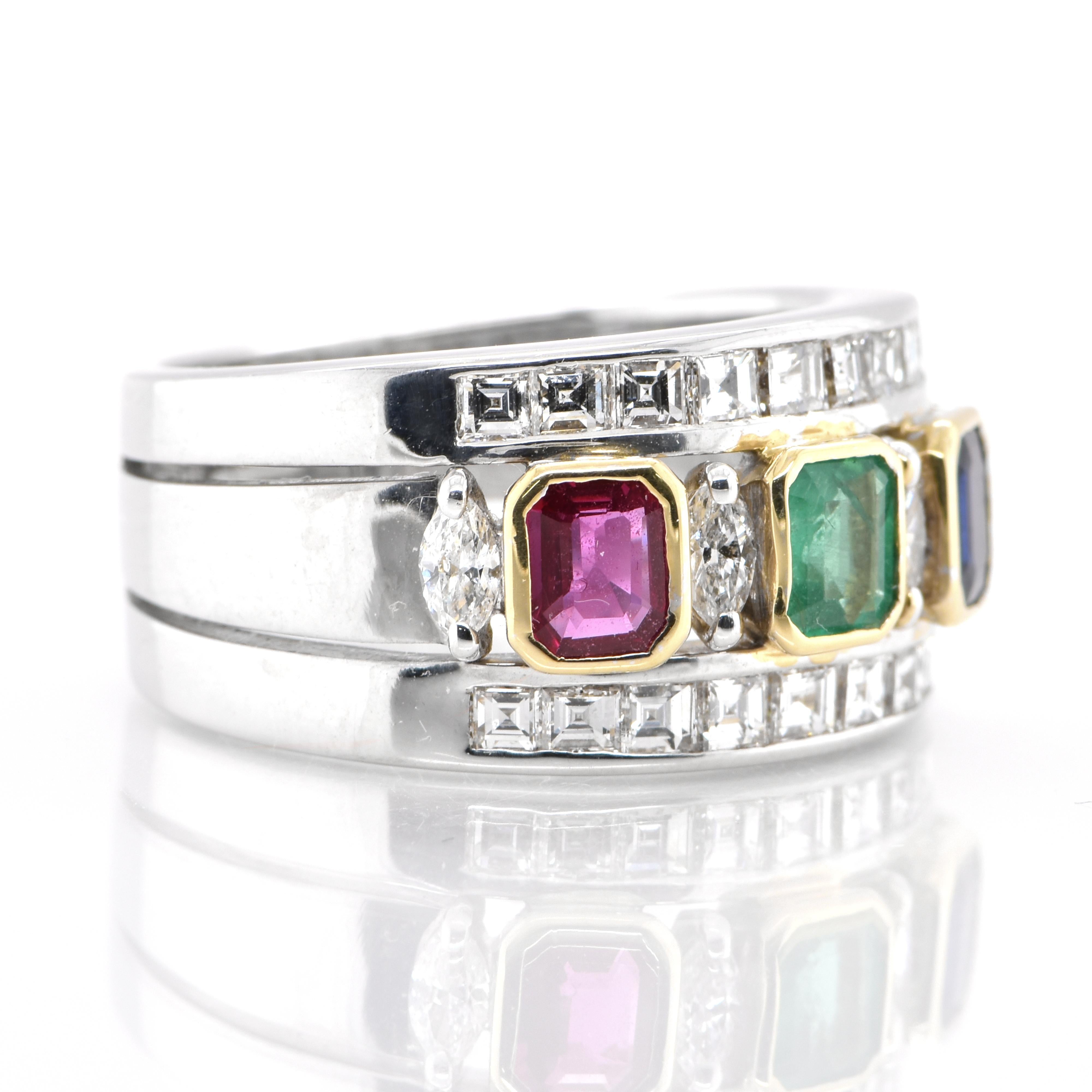 Modern Art Deco Style Natural Emerald, Ruby and Sapphire Unisex Band Ring Set in Gold For Sale