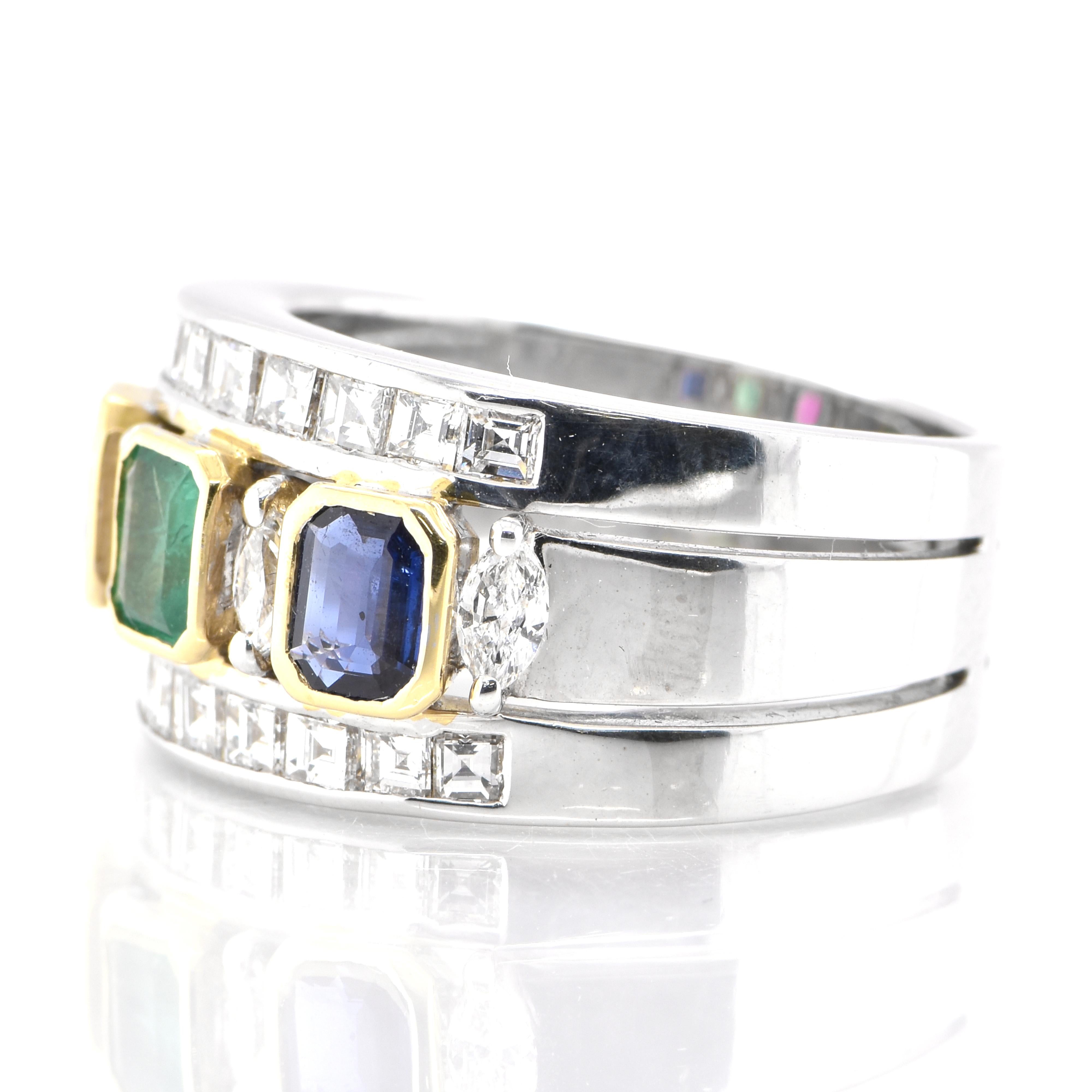 Emerald Cut Art Deco Style Natural Emerald, Ruby and Sapphire Unisex Band Ring Set in Gold For Sale