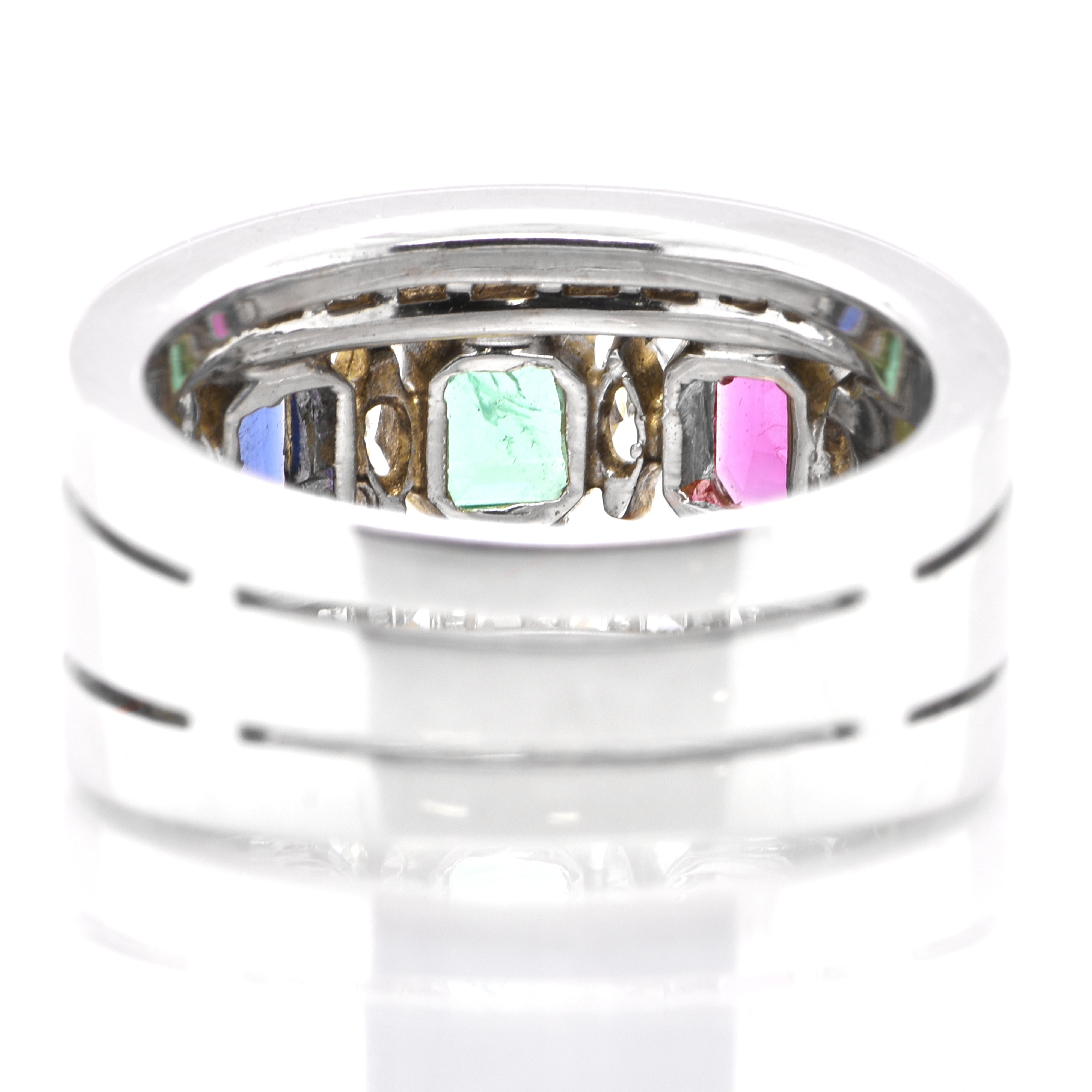 Women's Art Deco Style Natural Emerald, Ruby and Sapphire Unisex Band Ring Set in Gold For Sale
