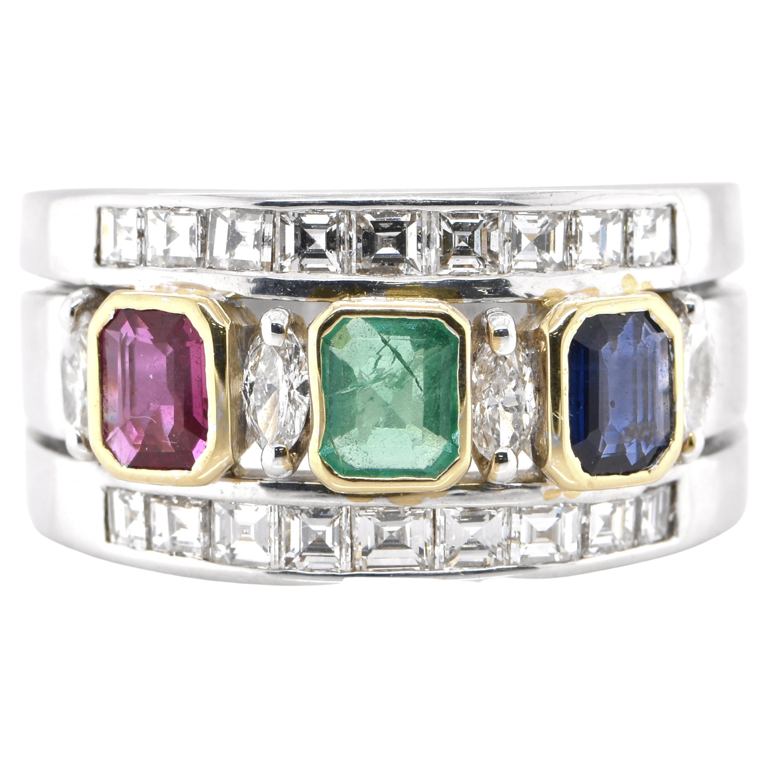Unisex-Ring aus Gold mit natürlichem Smaragd, Rubin und Saphir im Art-déco-Stil