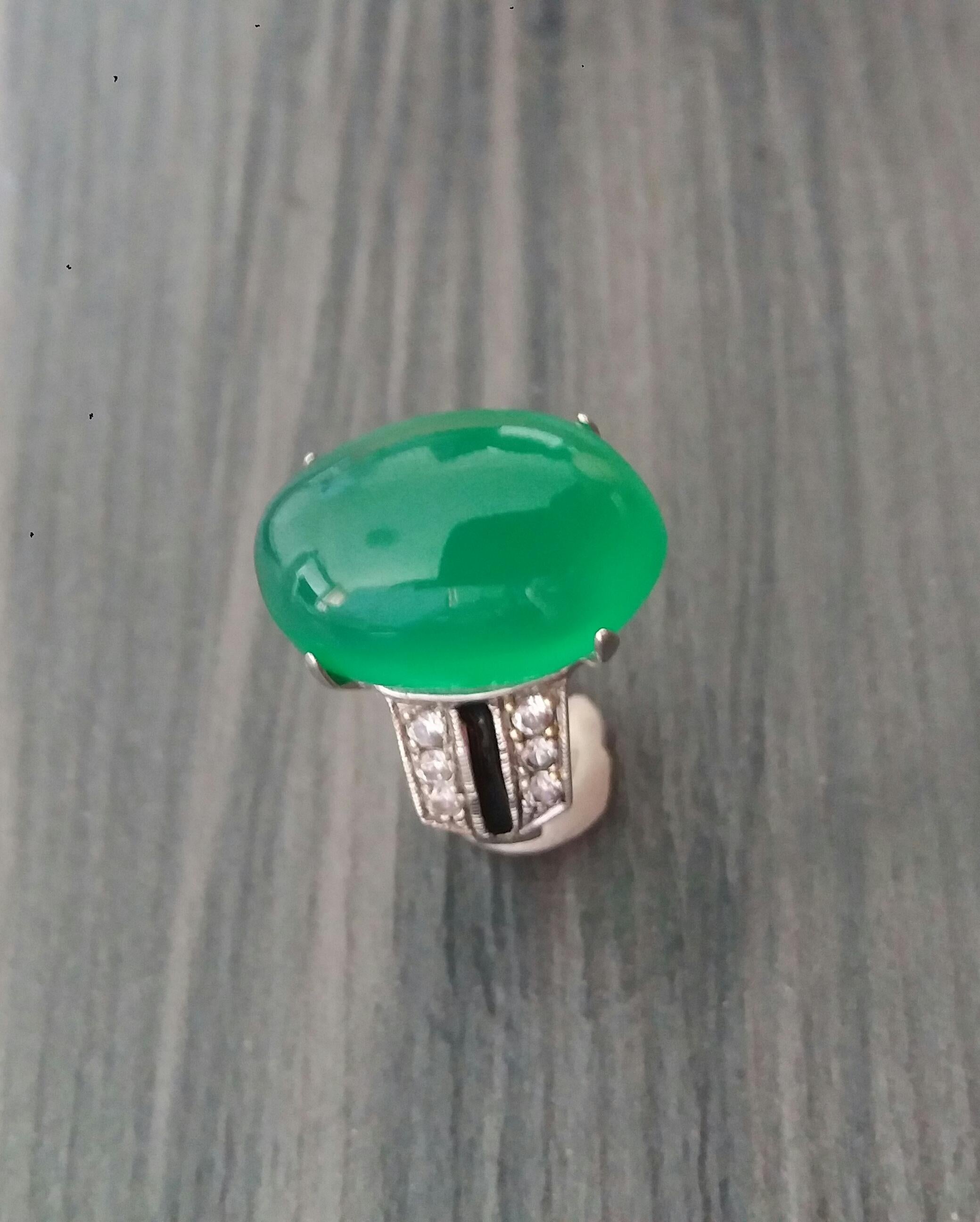 Mixed Cut Art Deco Style Natural Green Onyx Cab Gold Diamonds Black Enamel Cocktail Ring For Sale
