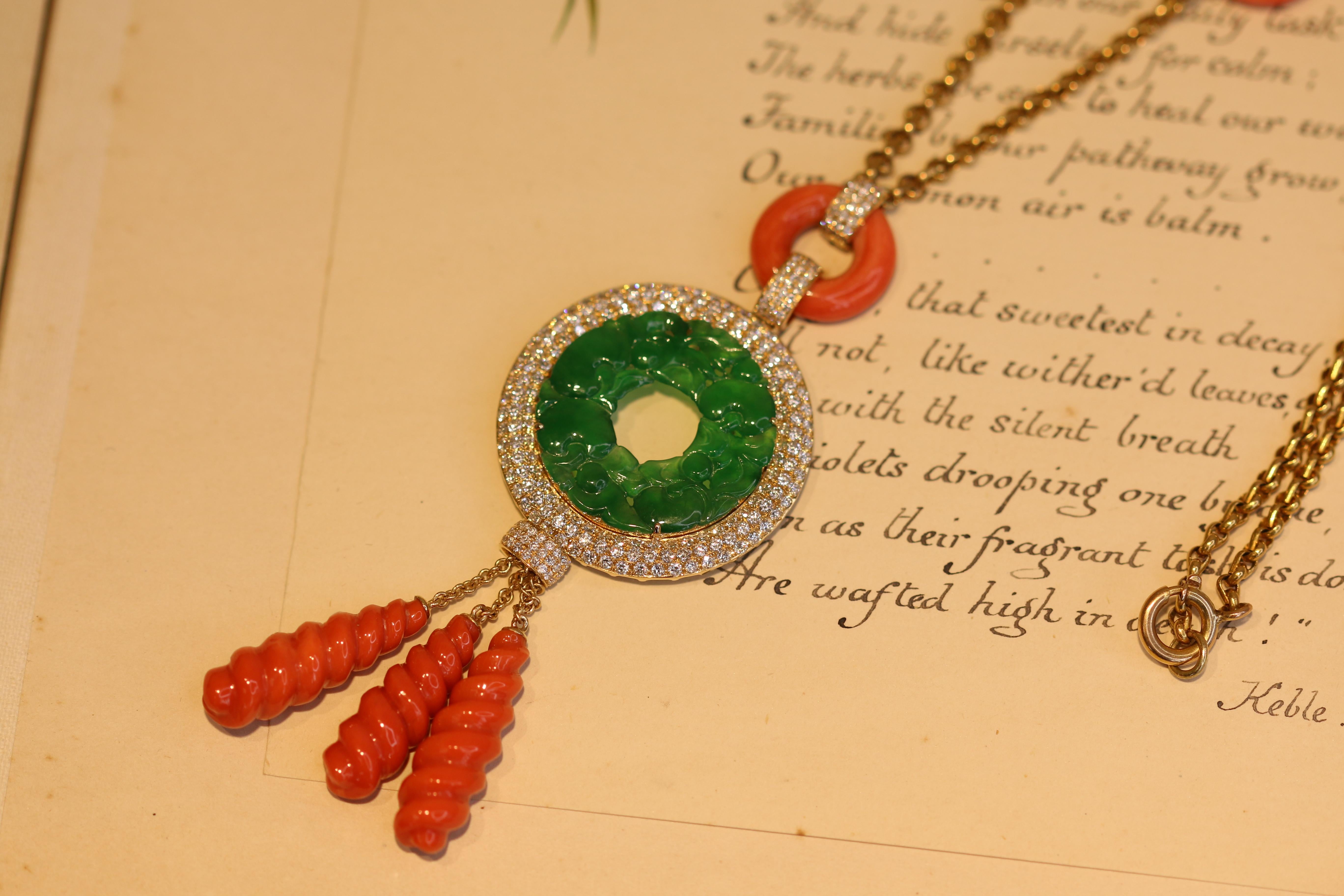 Old European Cut Art Deco Style Natural Jade, Coral, Diamond and Gold Pendant Necklace