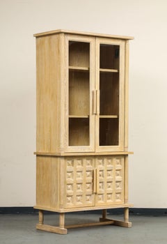Art Deco Style Natural Oak Cabinet with Coffered Panels and Glass Doors