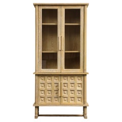 Art Deco Style Natural Oak Cabinet with Coffered Panels and Glass Doors