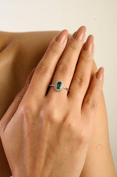 Art Deco-Style Natural Oval Emerald Diamond Halo Engagement Ring 14K White Gold