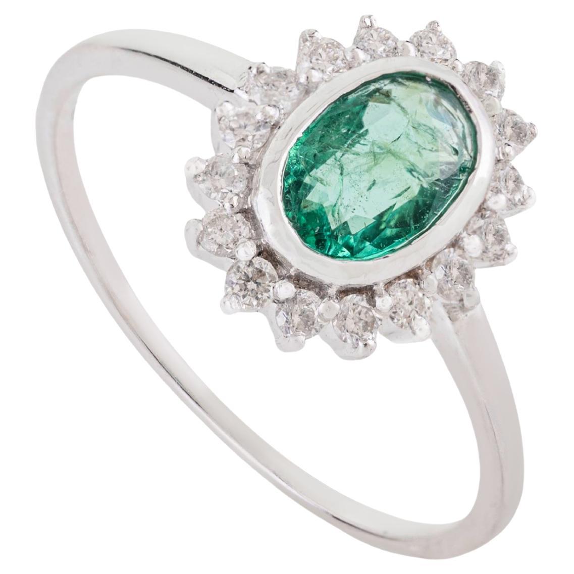 Art Deco-Style Natural Oval Emerald Diamond Halo Engagement Ring 14K White Gold