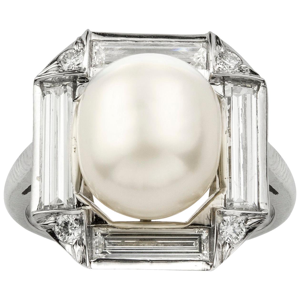 Art Deco Style Natural Pearl and Diamond Cluster Ring