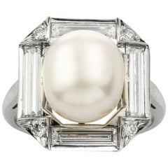 Art Deco Style Natural Pearl and Diamond Cluster Ring