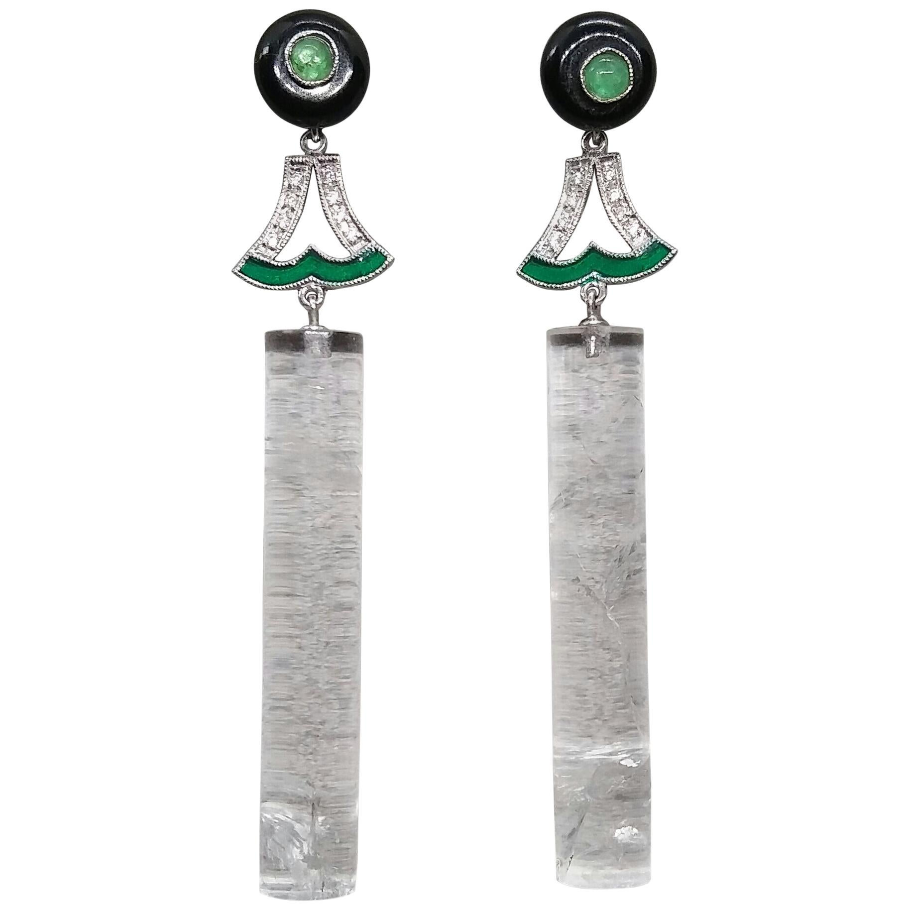 Art Deco Style Natural Rock Crystal Cylinders, Black Onyx Emeralds Gold Diamonds For Sale
