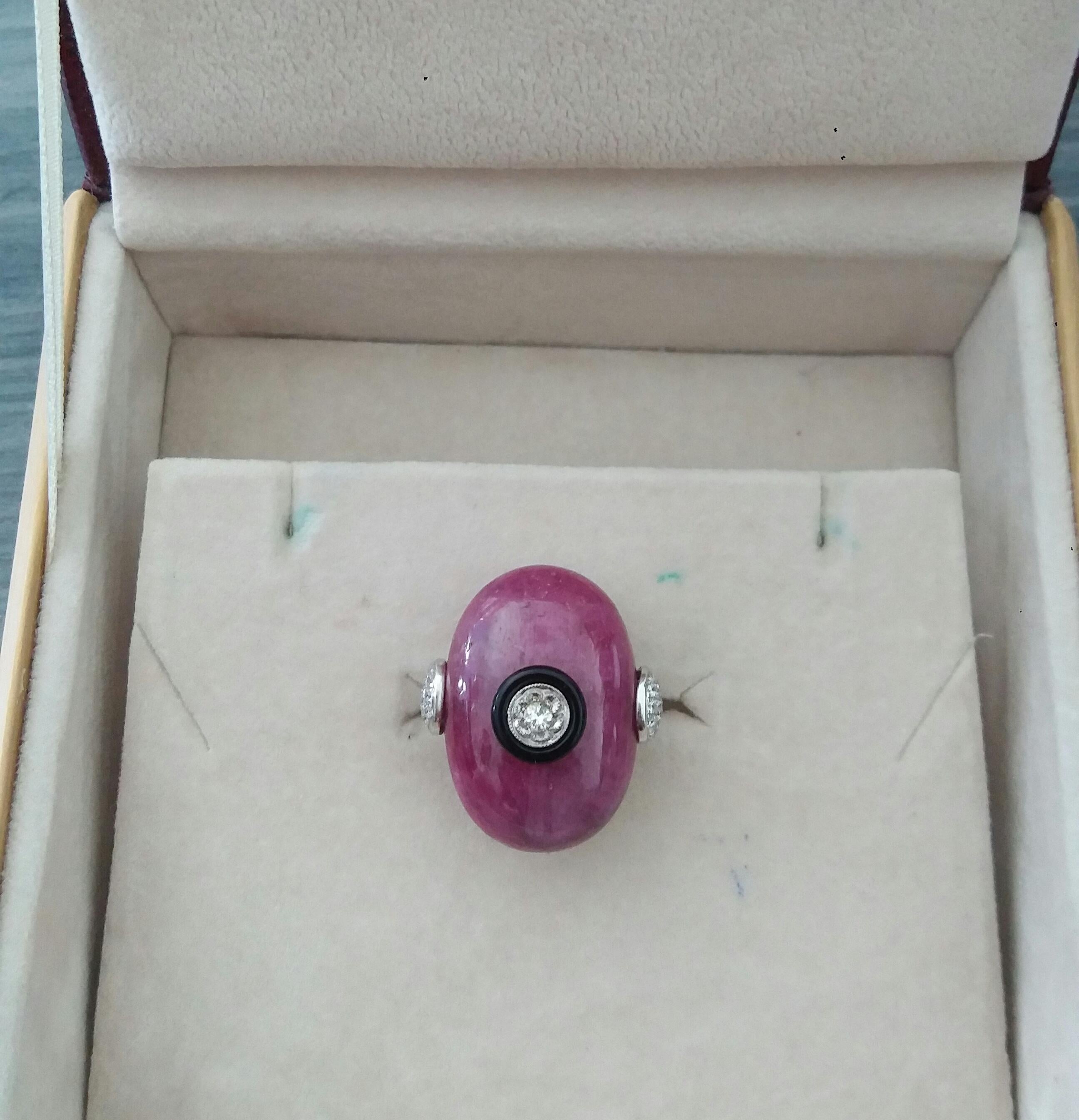 For Sale:  Art Deco Style Natural Ruby Cab Black Onyx Ring Gold Diamonds Cocktail Ring 12