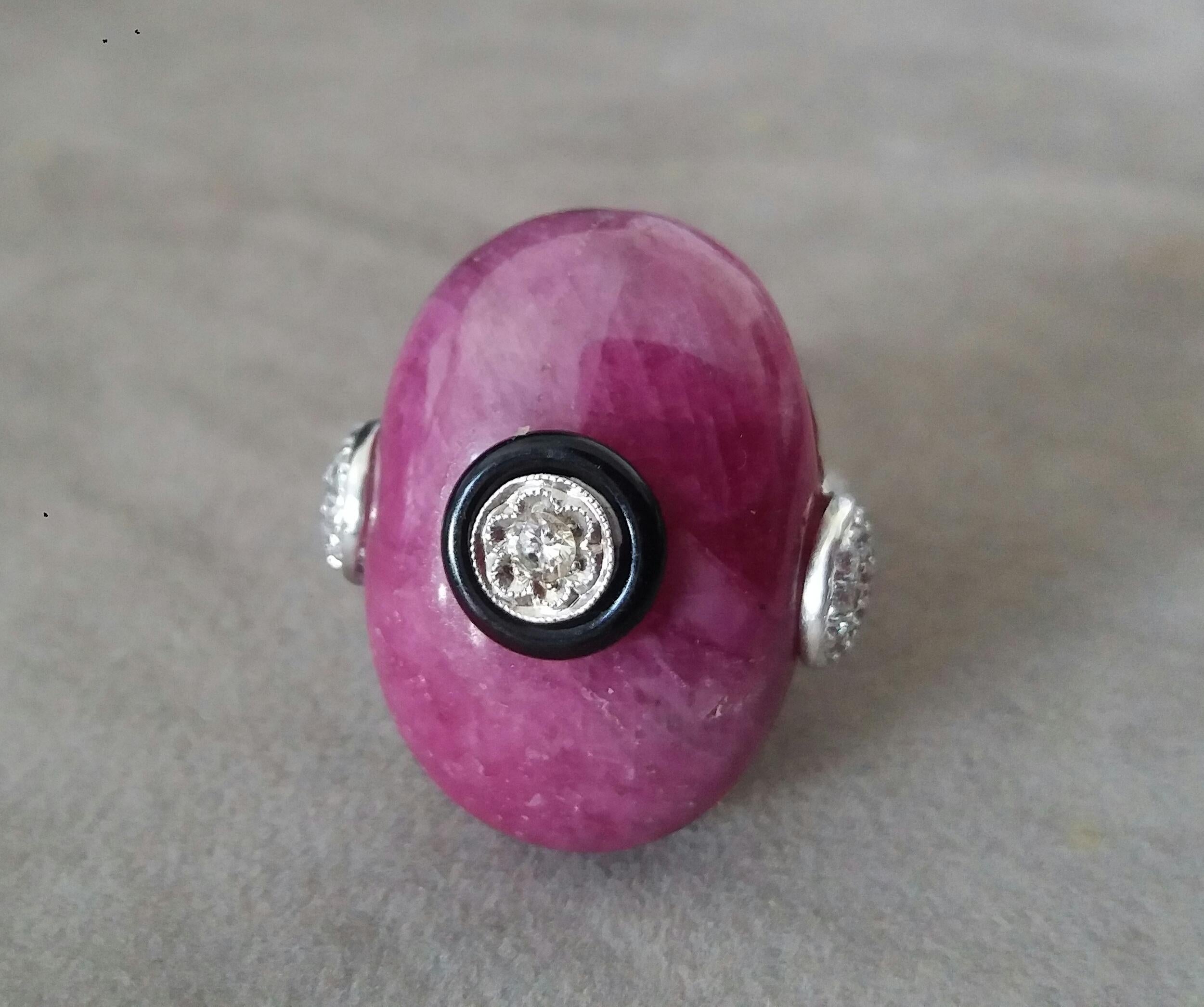 For Sale:  Art Deco Style Natural Ruby Cab Black Onyx Ring Gold Diamonds Cocktail Ring 8