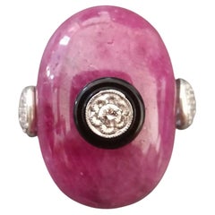 Art Deco Style Natural Ruby Cab Black Onyx Ring Gold Diamonds Cocktail Ring