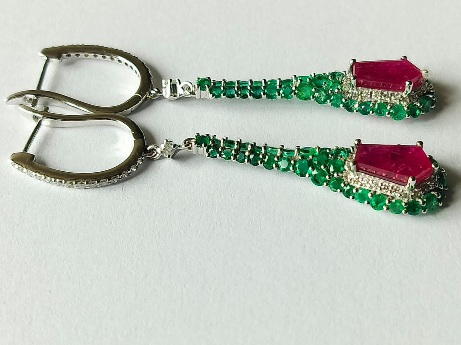 Mixed Cut Art Deco style, natural  Ruby, Emerald & Diamonds Chandelier Earrings For Sale