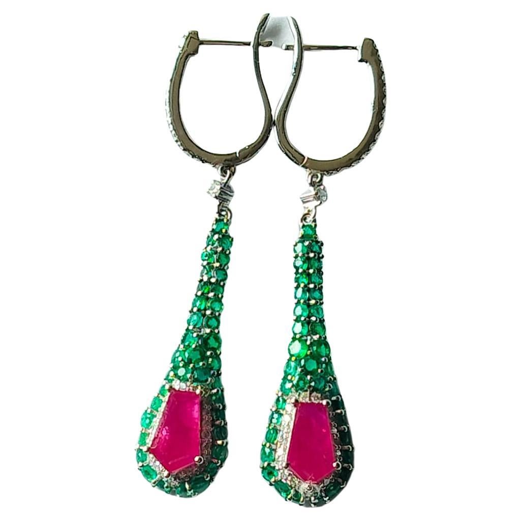 Art Deco style, natural  Ruby, Emerald & Diamonds Chandelier Earrings For Sale