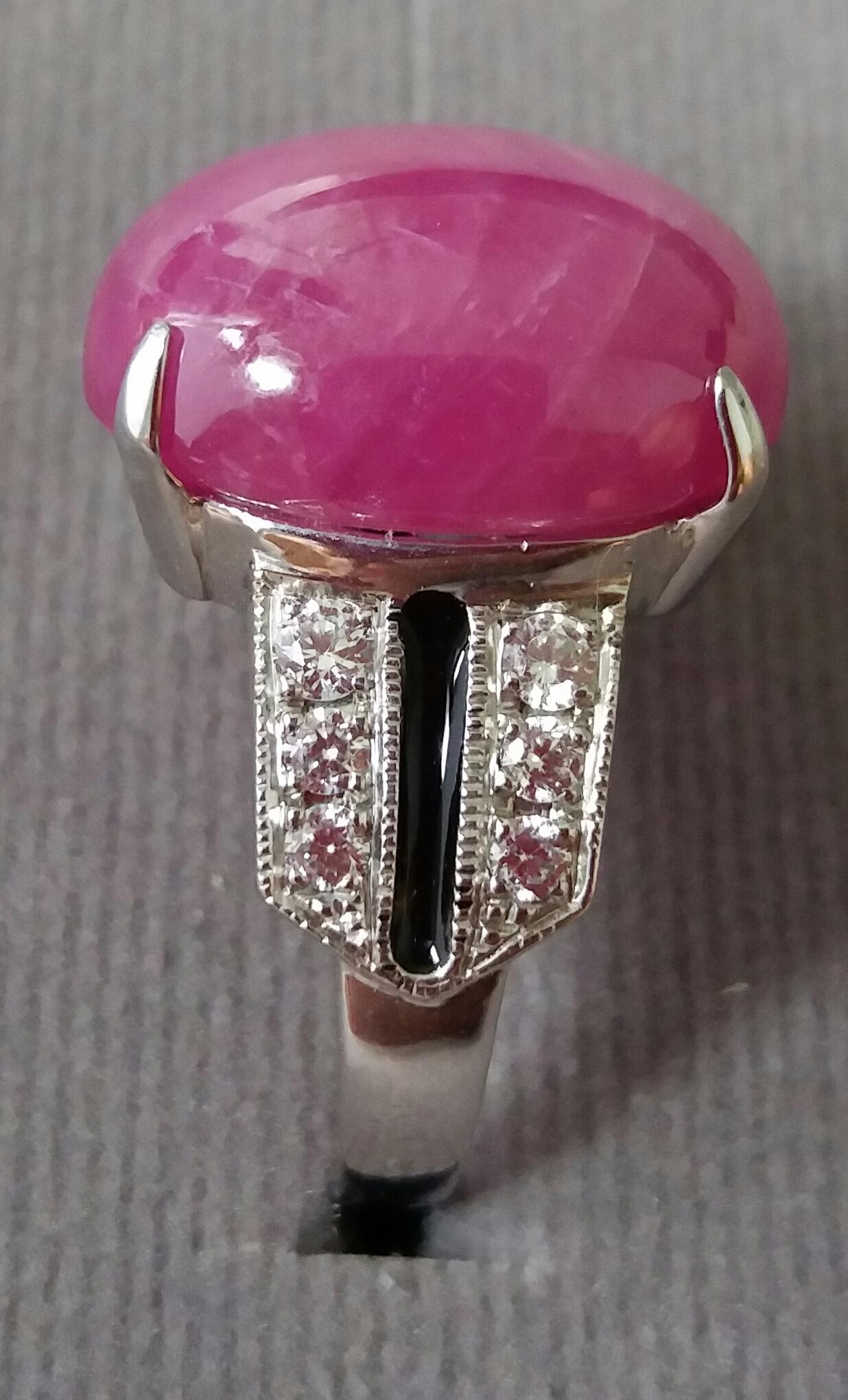 Oval Cut Art Deco Style Natural Ruby Oval Cab Gold Diamonds Black Enamel Cocktail Ring For Sale