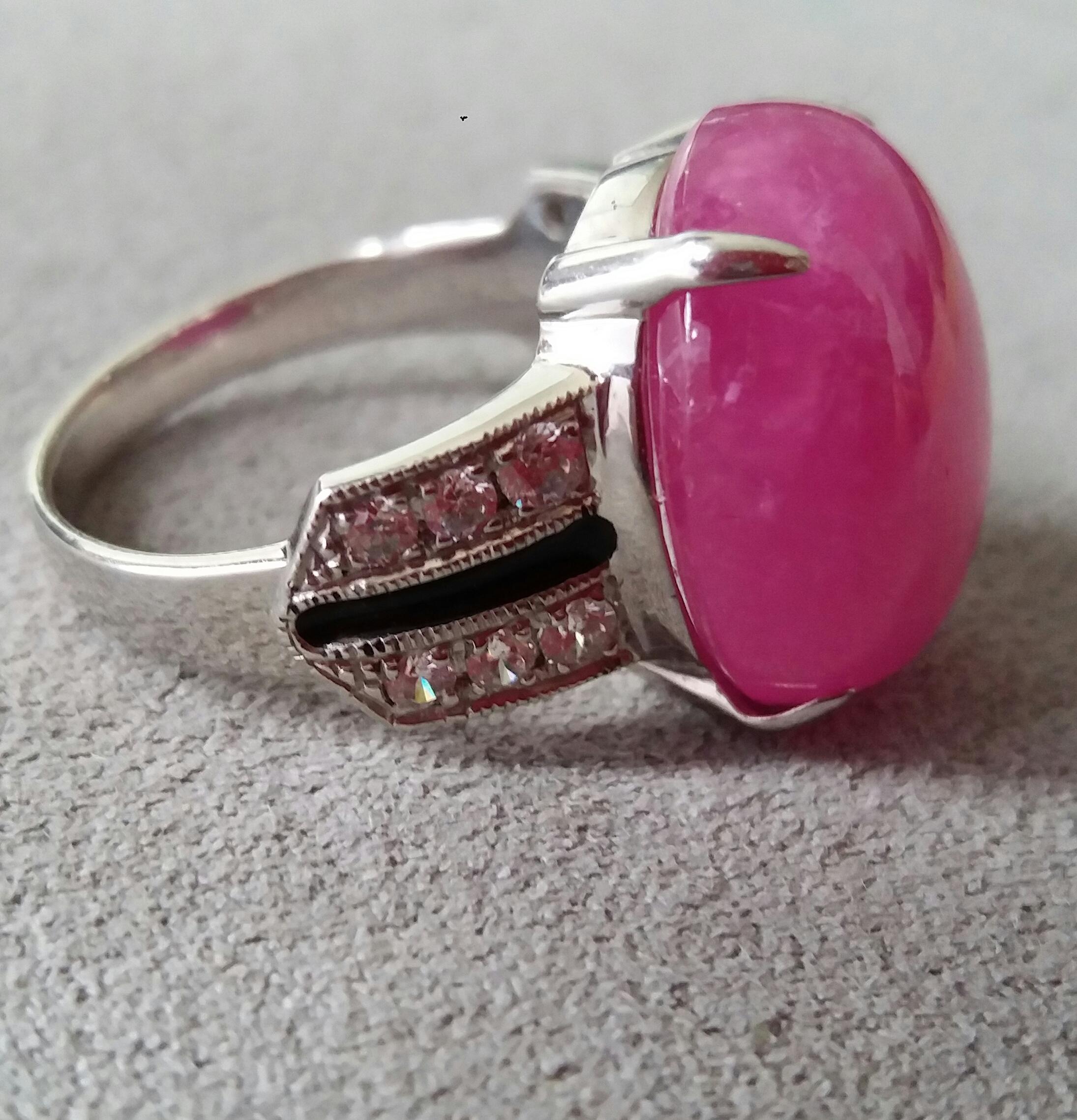 Art Deco Style Natural Ruby Oval Cab Gold Diamonds Black Enamel Cocktail Ring For Sale 1