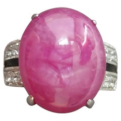 Art Deco Style Natural Ruby Oval Cab Gold Diamonds Black Enamel Cocktail Ring