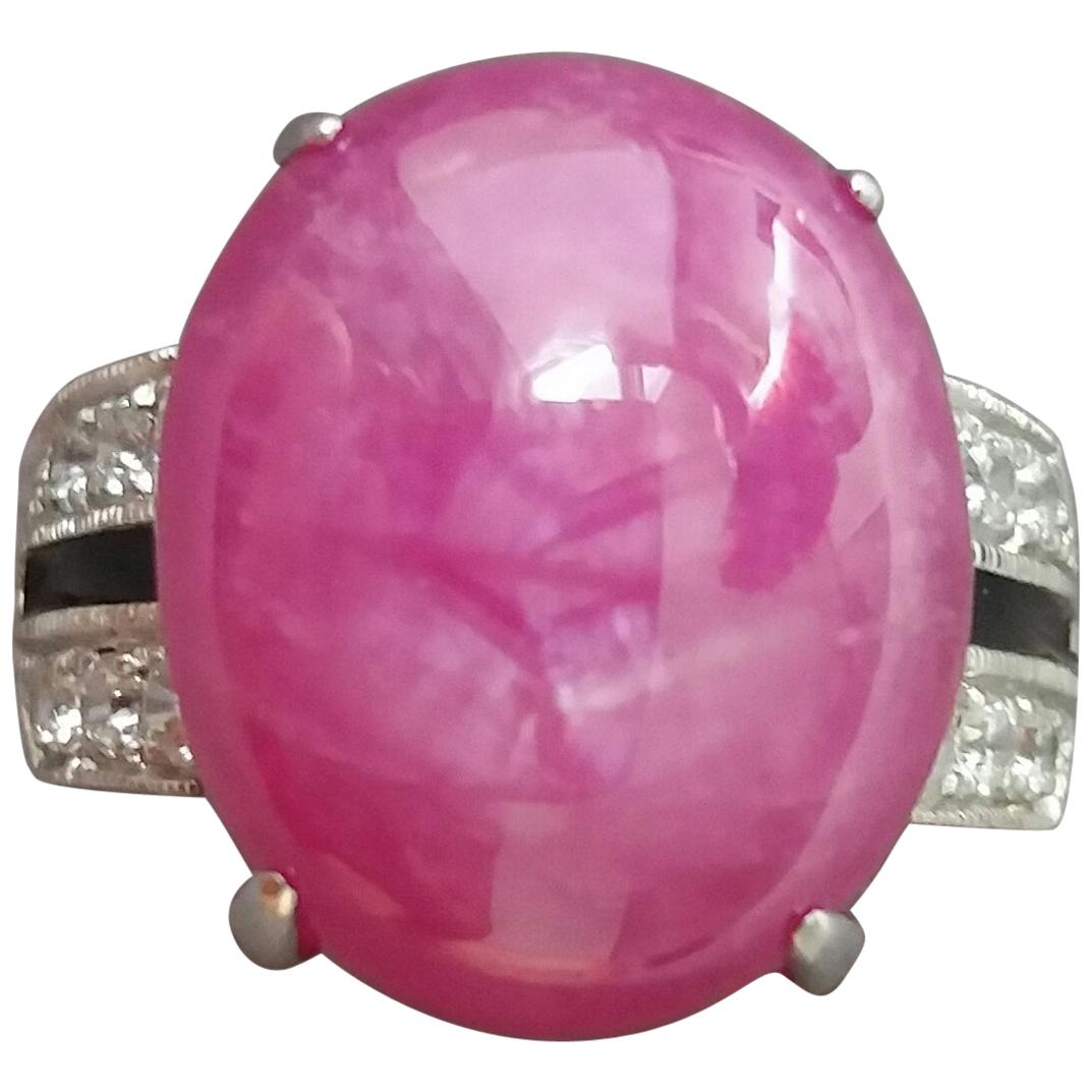 Ruby Art Deco Style Oval Cab 14k Solid Gold Diamonds Black Enamel Cocktail Ring