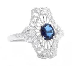Art Deco Style Natural Sapphire and Diamond 14k Solid White Gold Ring
