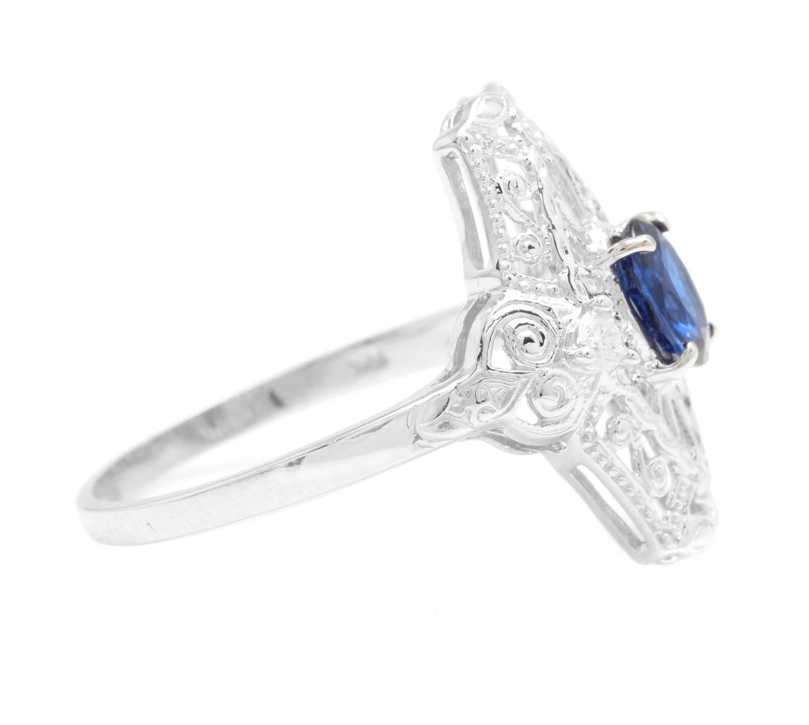 Mixed Cut Art Deco Style Natural Sapphire and Diamond 14k Solid White Gold Ring For Sale