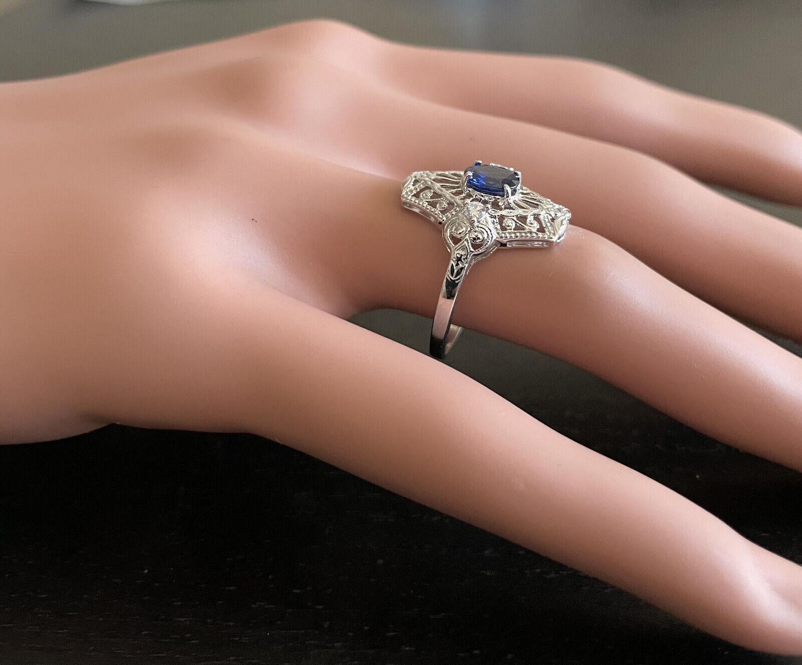 Art Deco Style Natural Sapphire and Diamond 14k Solid White Gold Ring For Sale 3