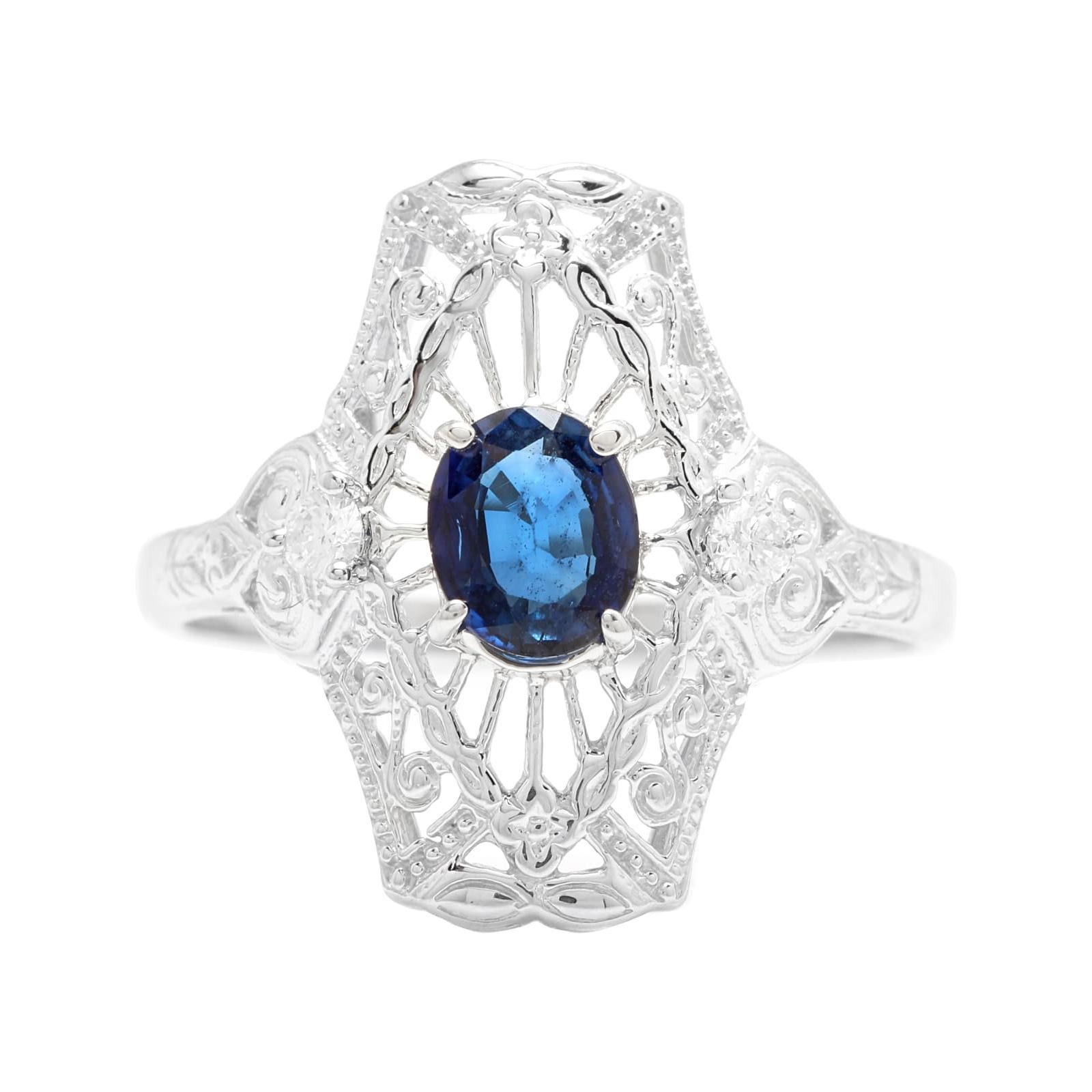 Art Deco Style Natural Sapphire and Diamond 14k Solid White Gold Ring For Sale