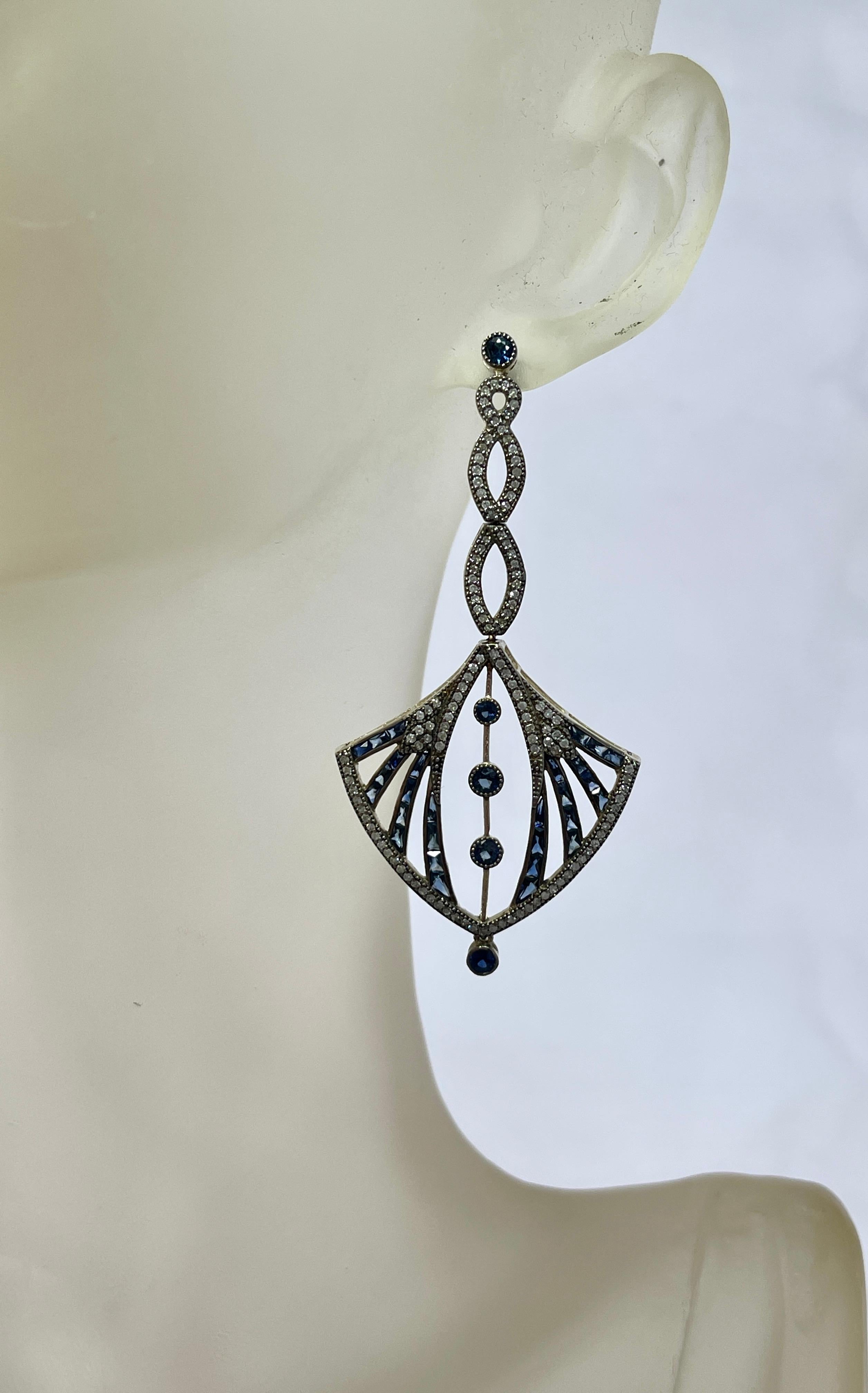 These earrings are fit for ‘Your Inner Flapper�’!!
They feature Art Deco Styling and are very special indeed.
The design incorporates the loved Art Deco Fan, which was a true feature of the time.
The earrings are set with Natural Sapphires and