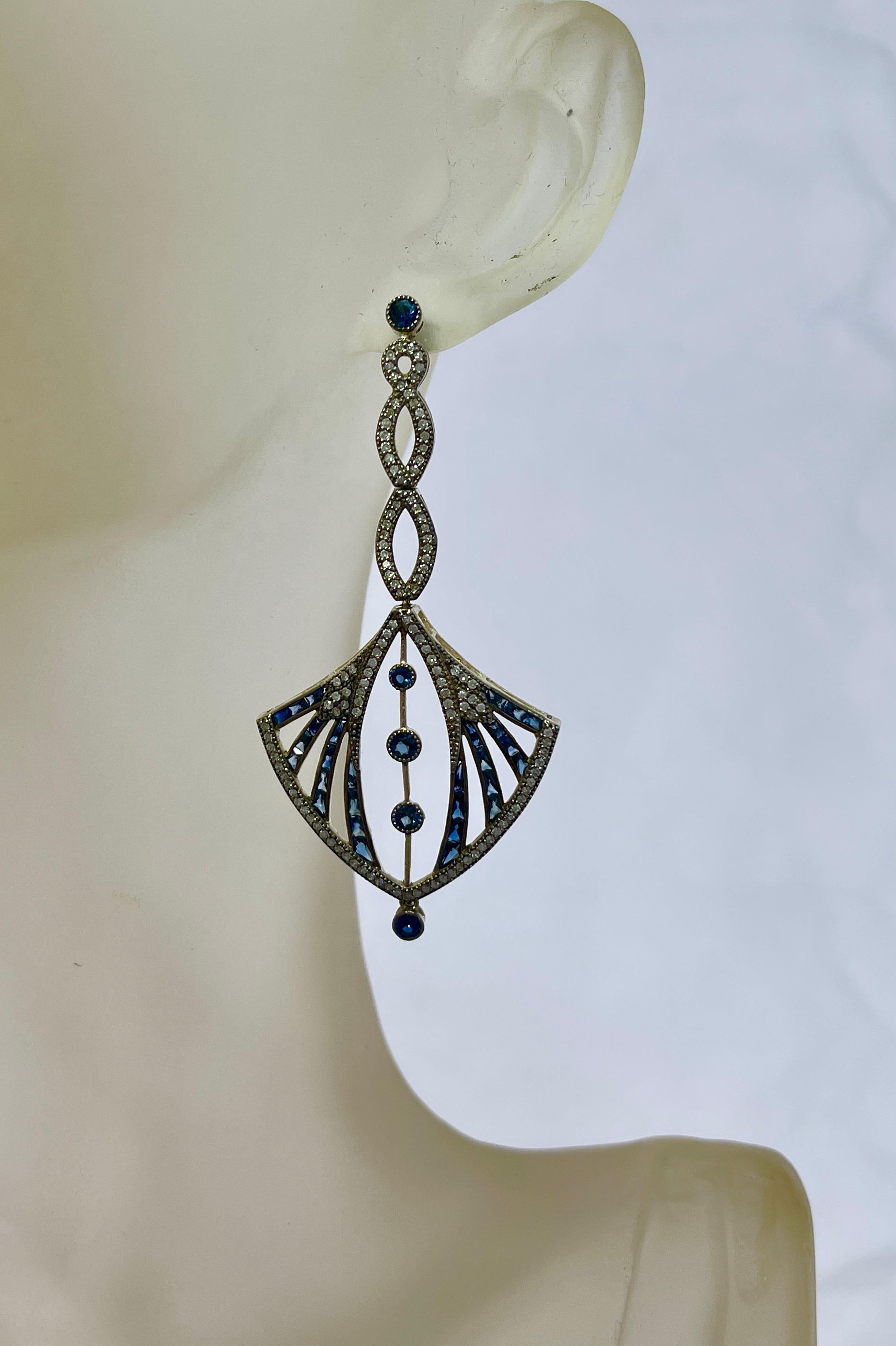 Round Cut Art Deco Style Natural Sapphire and Diamond Pierced Earrings Gold and Silver