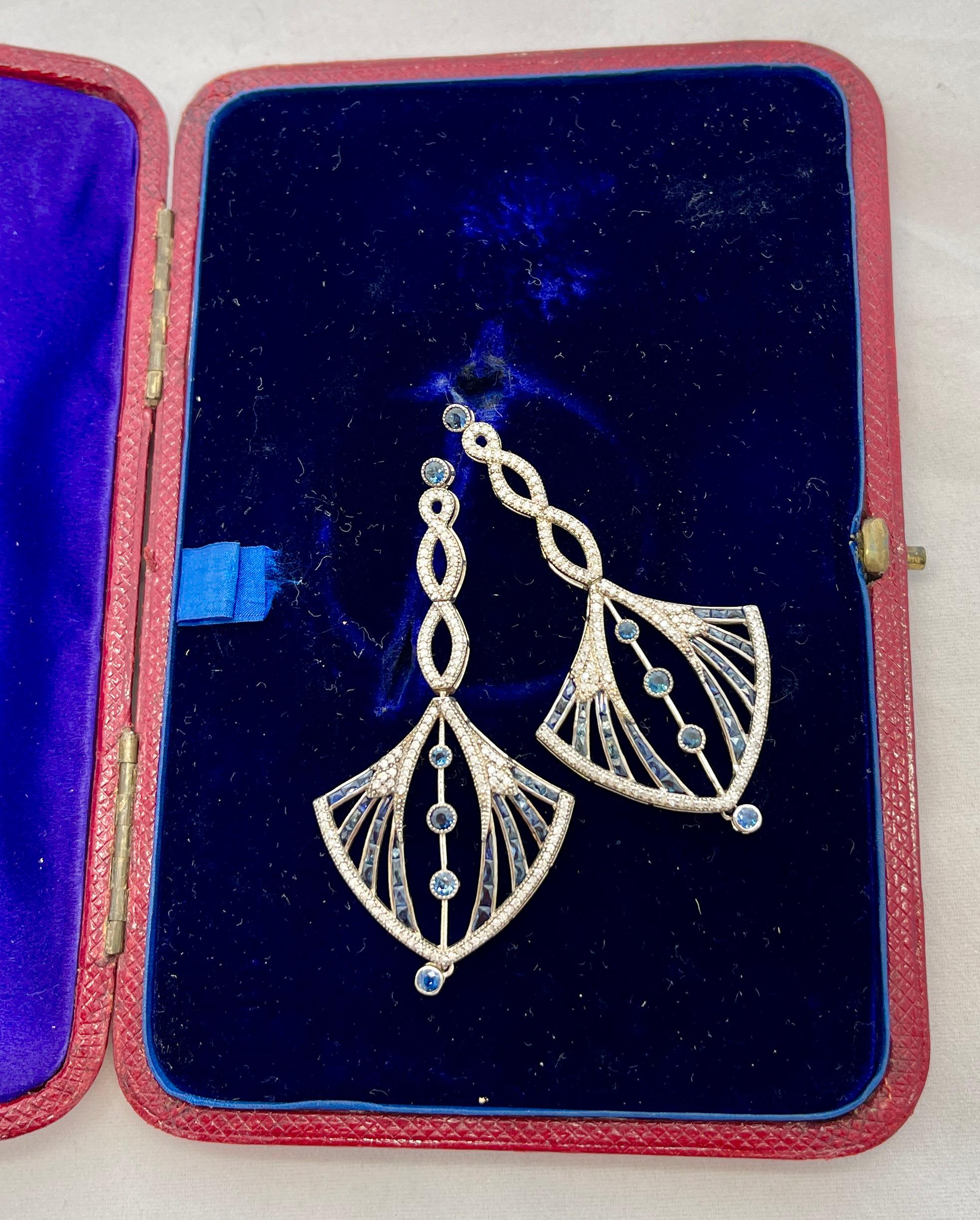 Art Deco Style Natural Sapphire and Diamond Pierced Earrings Gold and Silver For Sale 2