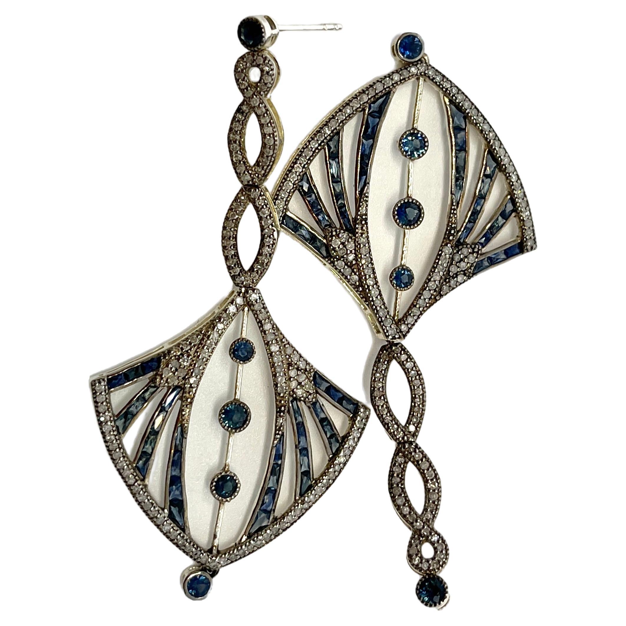 Art Deco Style Natural Sapphire and Diamond Pierced Earrings Gold and Silver
