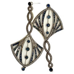 Art Deco Style Natural Sapphire and Diamond Pierced Earrings Gold and Silver