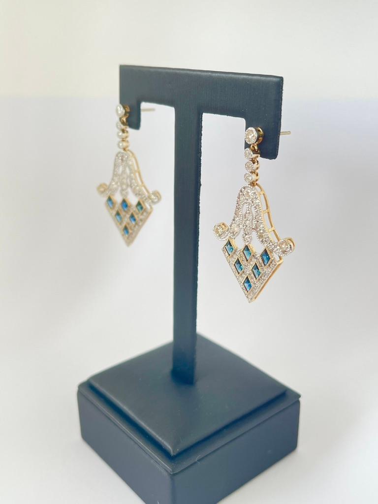 French Cut Art Deco Style Natural Sapphire Diamond Pierced Dangly Earrings AIG Lab Report For Sale