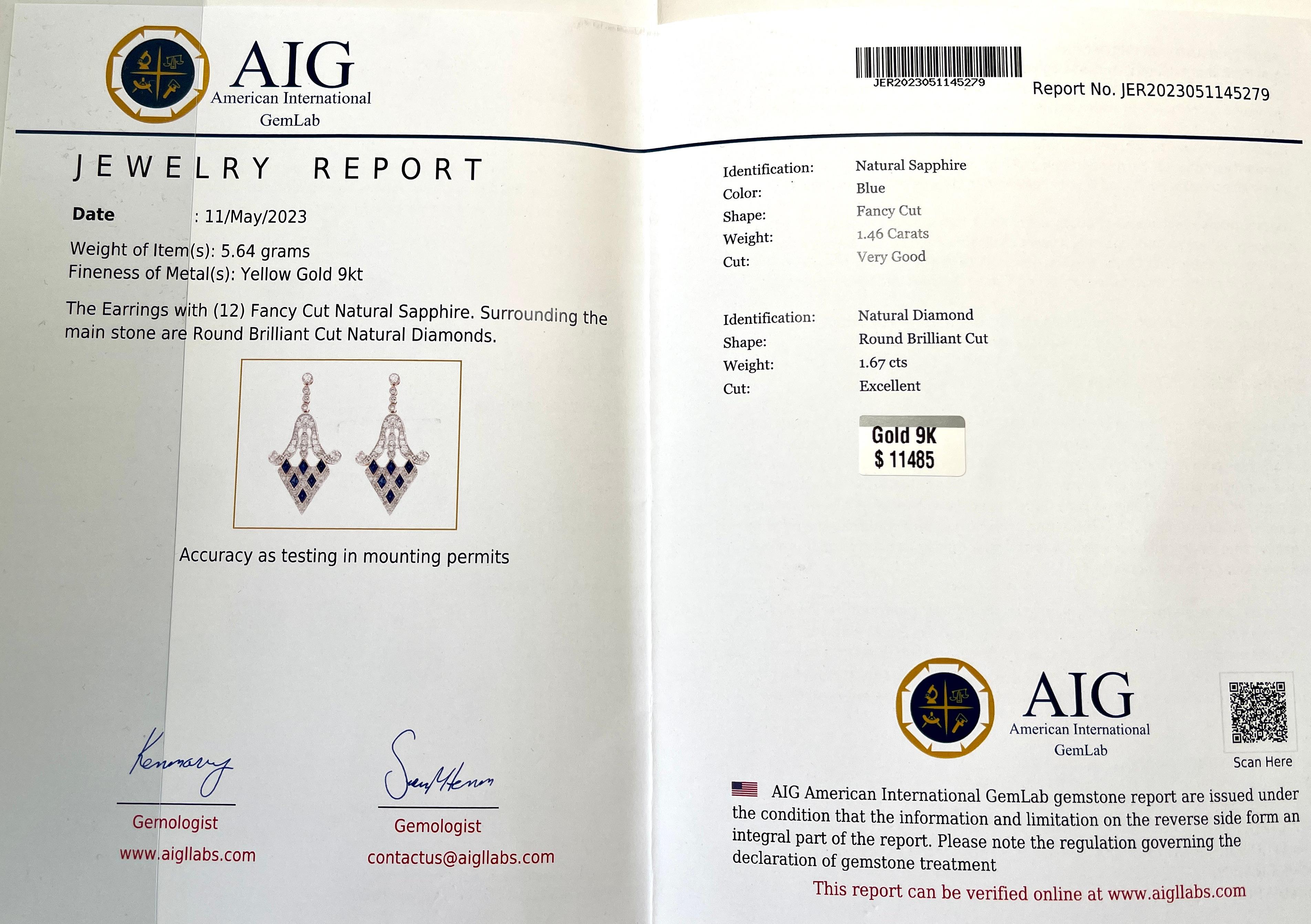 AIG Lab Report: Natürliche Saphir-Diamant-Ohrringe im Art-déco-Stil durchbohrt Damen im Angebot