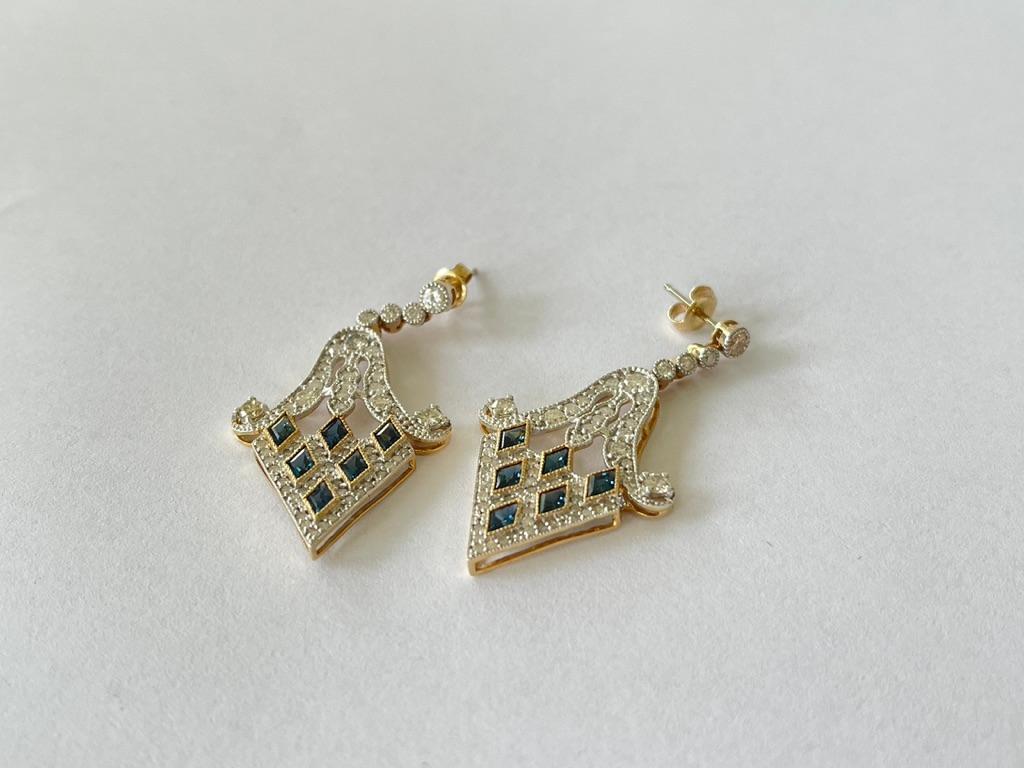 Art Deco Style Natural Sapphire Diamond Pierced Dangly Earrings AIG Lab Report For Sale 1