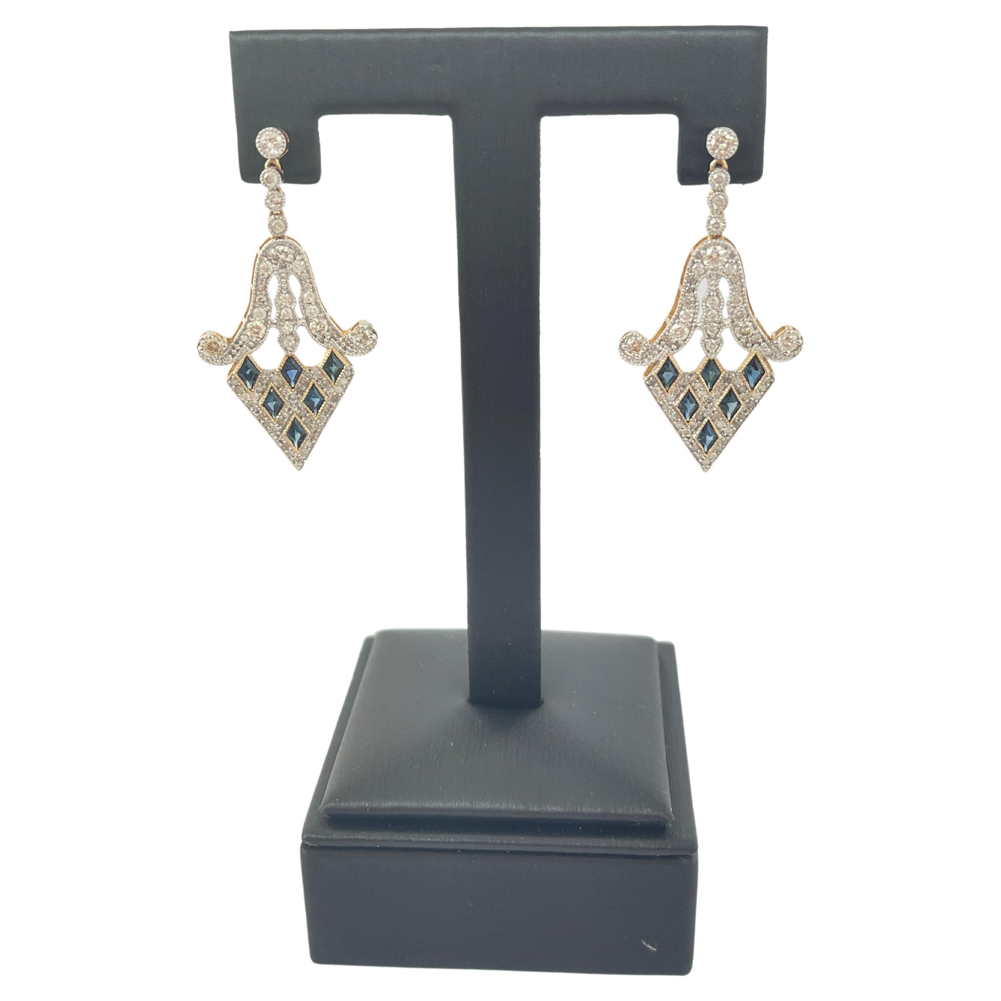 Art Deco Style Natural Sapphire Diamond Pierced Dangly Earrings AIG Lab Report For Sale