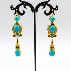 Art Deco Style Natural Turquoise Moder Round Cut Emerald Yellow Gold Earrings