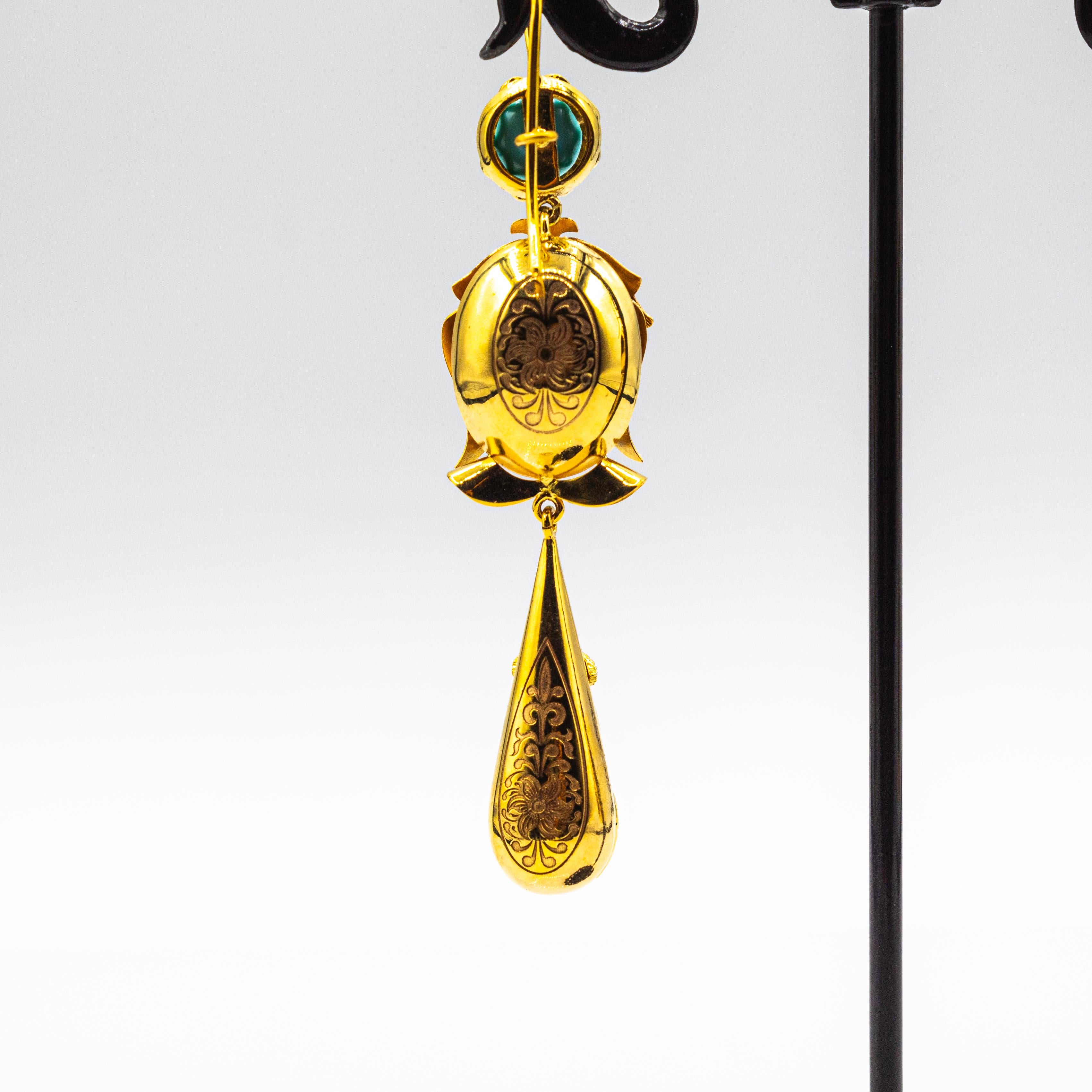 Boucles d'oreilles en or jaune de style Art Déco Turquoise Naturelle Moder Emeraude taille ronde Neuf - En vente à Naples, IT