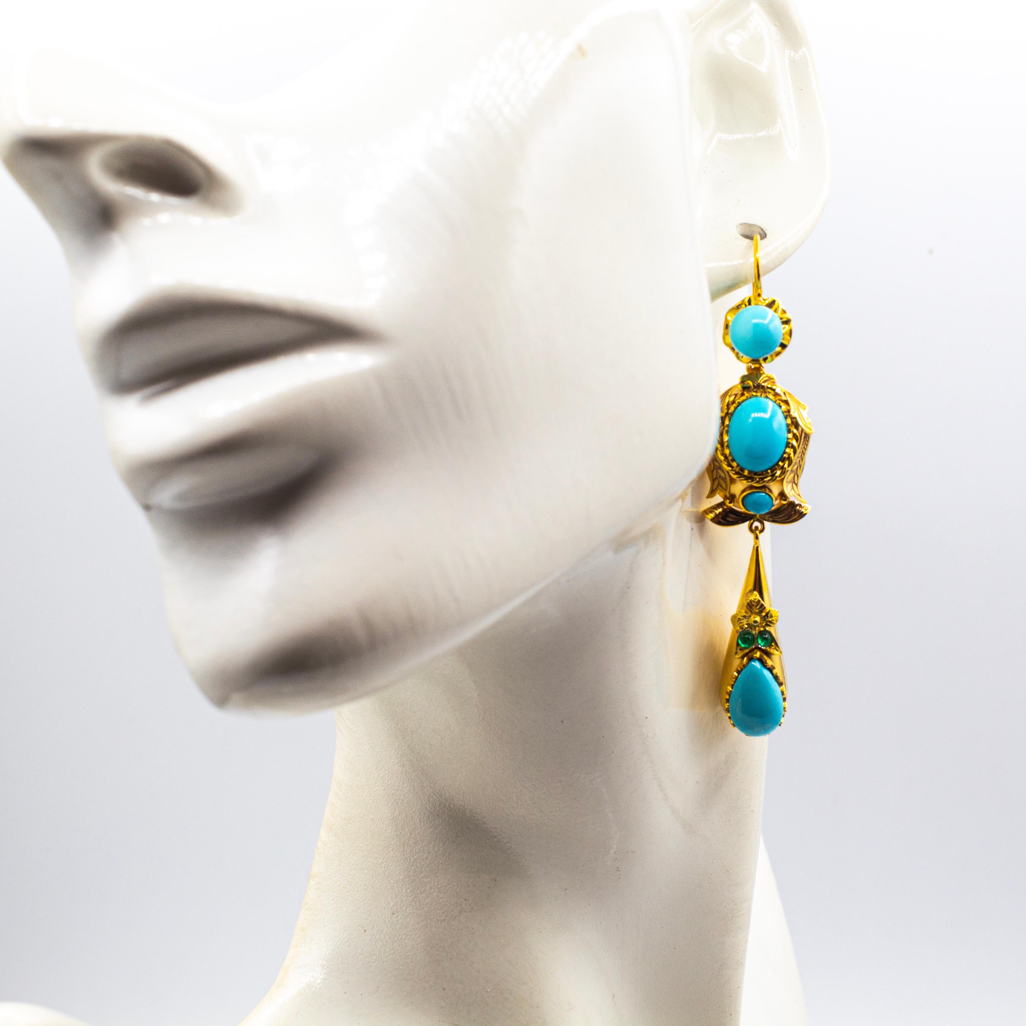 Boucles d'oreilles en or jaune de style Art Déco Turquoise Naturelle Moder Emeraude taille ronde en vente 1