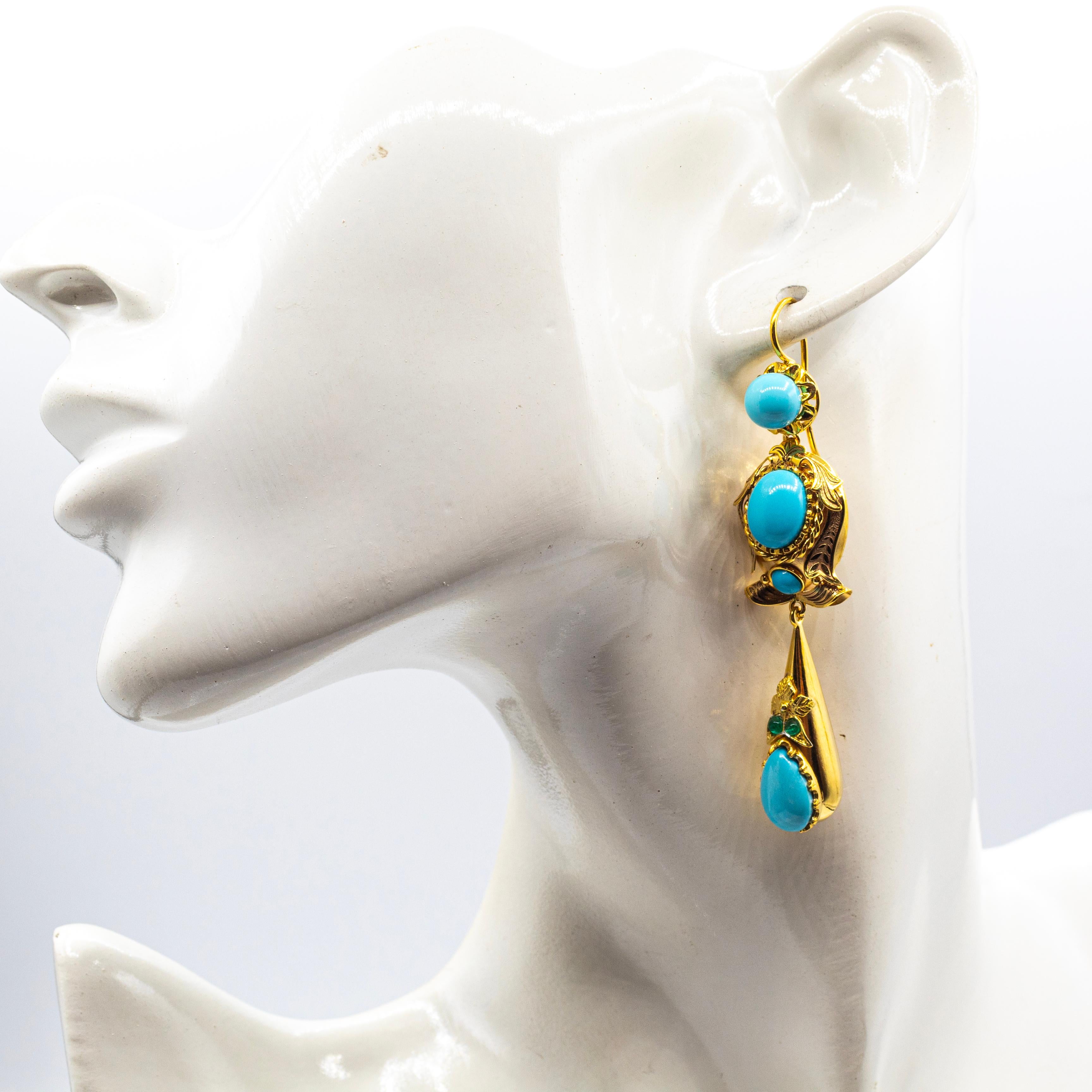Boucles d'oreilles en or jaune de style Art Déco Turquoise Naturelle Moder Emeraude taille ronde en vente 2