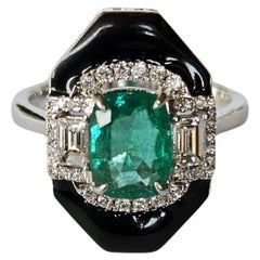 Art Deco style, natural Zambian Emerald, Black Enamel 
Diamonds Engagement Ring