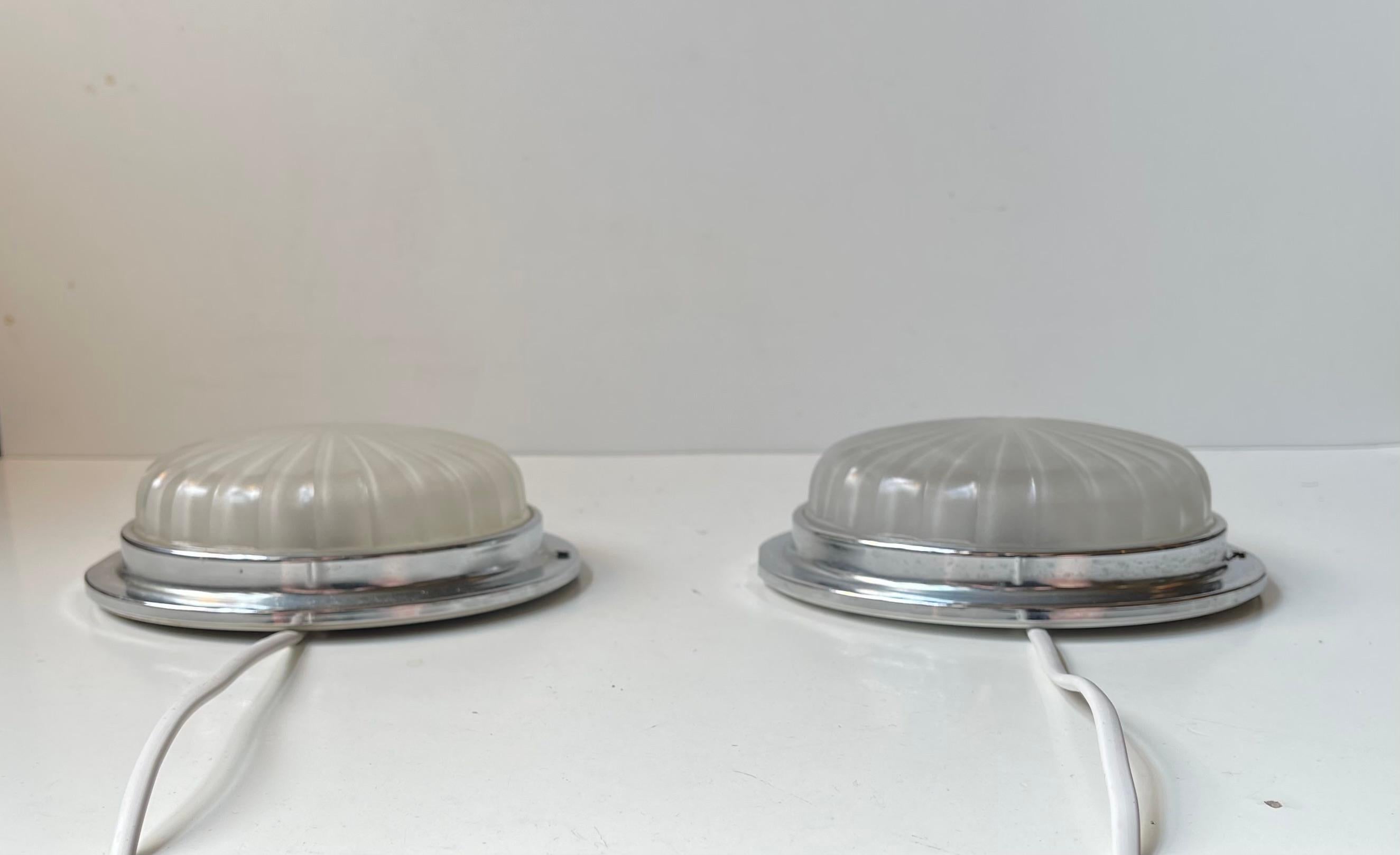 English Art Deco Style Nautical Ship Wall Sconces with Domed Sunburst Glass For Sale
