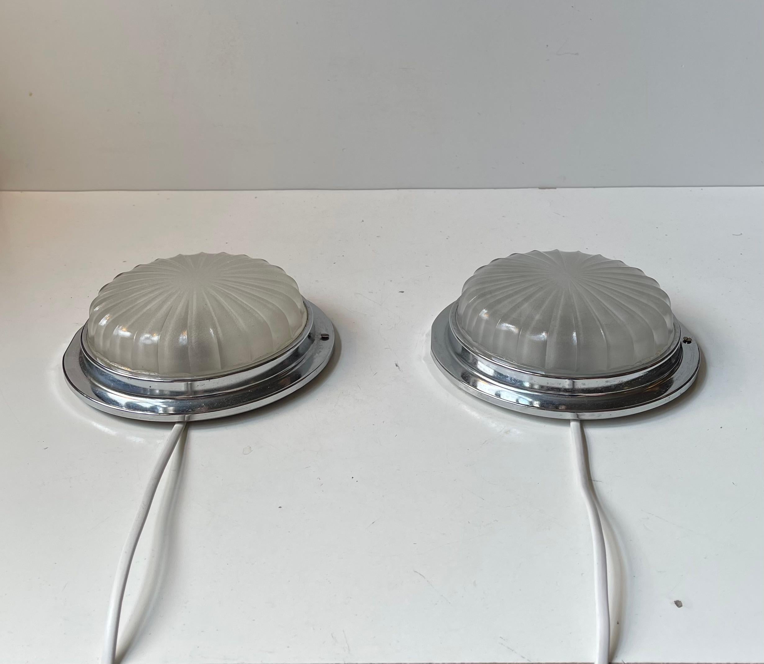 Mid-20th Century Art Deco Style Nautical Ship Wall Sconces with Domed Sunburst Glass For Sale