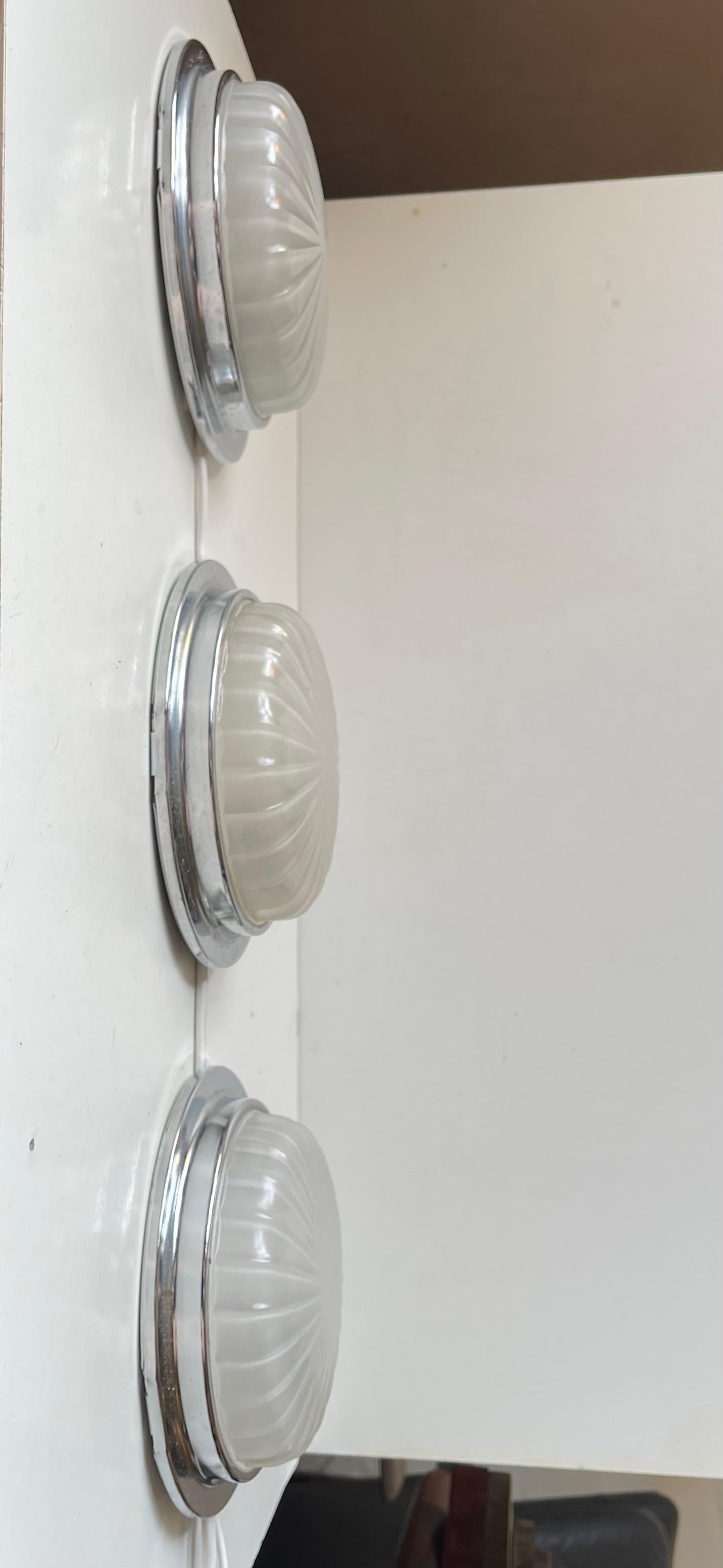 Mid-20th Century Art Deco Style Nautical Ship Wall Sconces with Domed Sunburst Glass For Sale