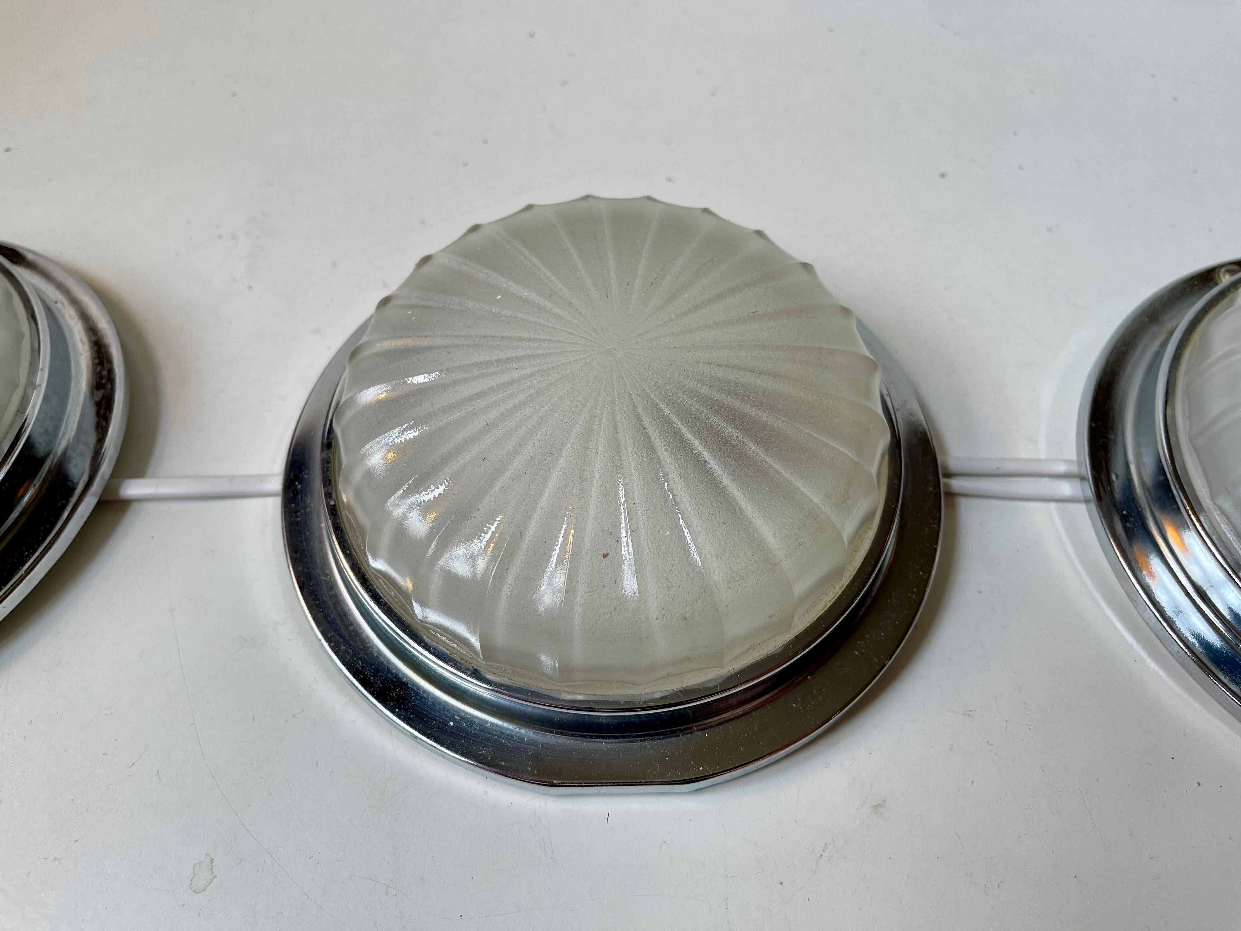 Art Deco Style Nautical Ship Wall Sconces with Domed Sunburst Glass For Sale 1