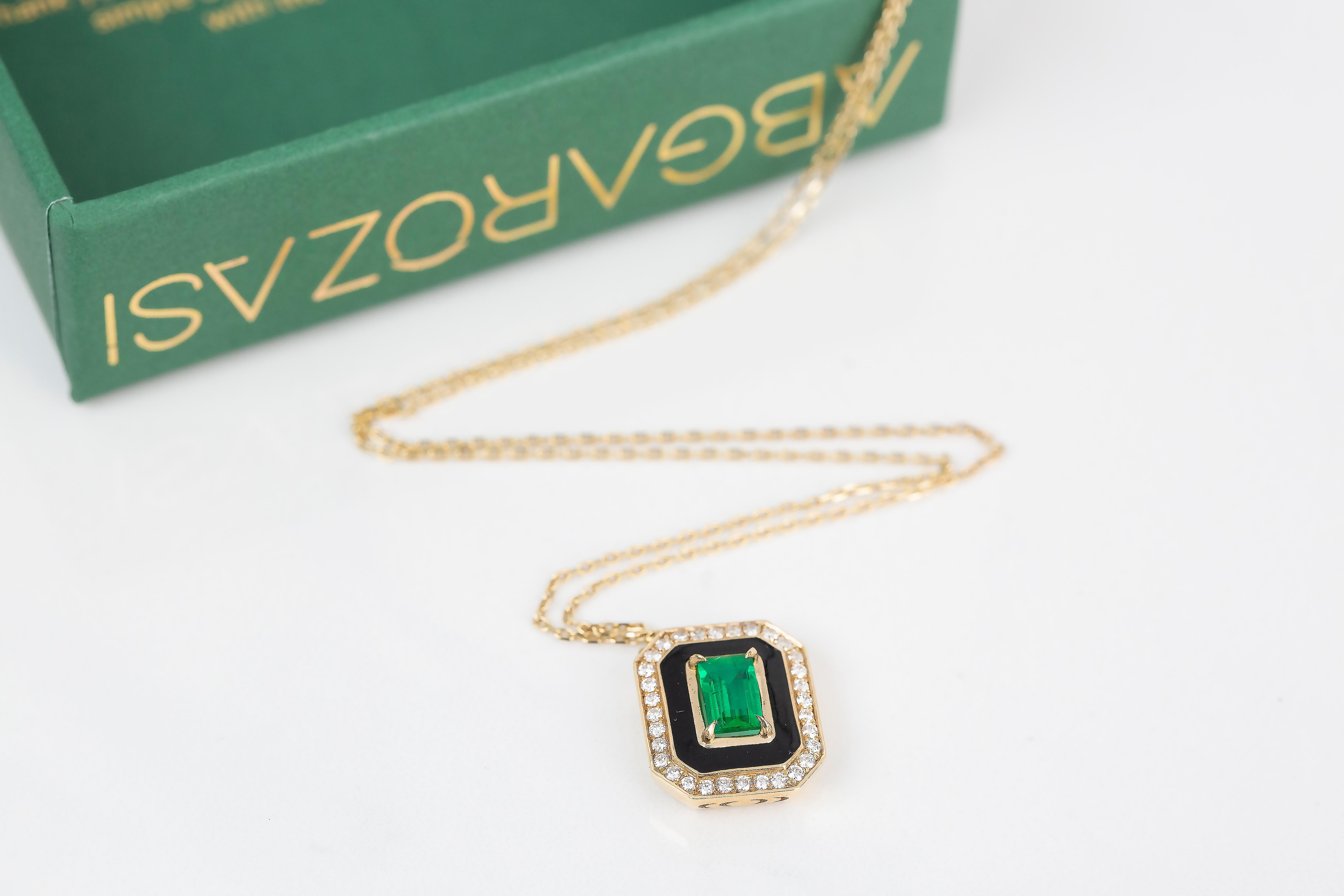 Art Deco Style Necklace 0.55 Ct Emerald and 0.21 ct Diamond 14K Gold Necklace For Sale 5